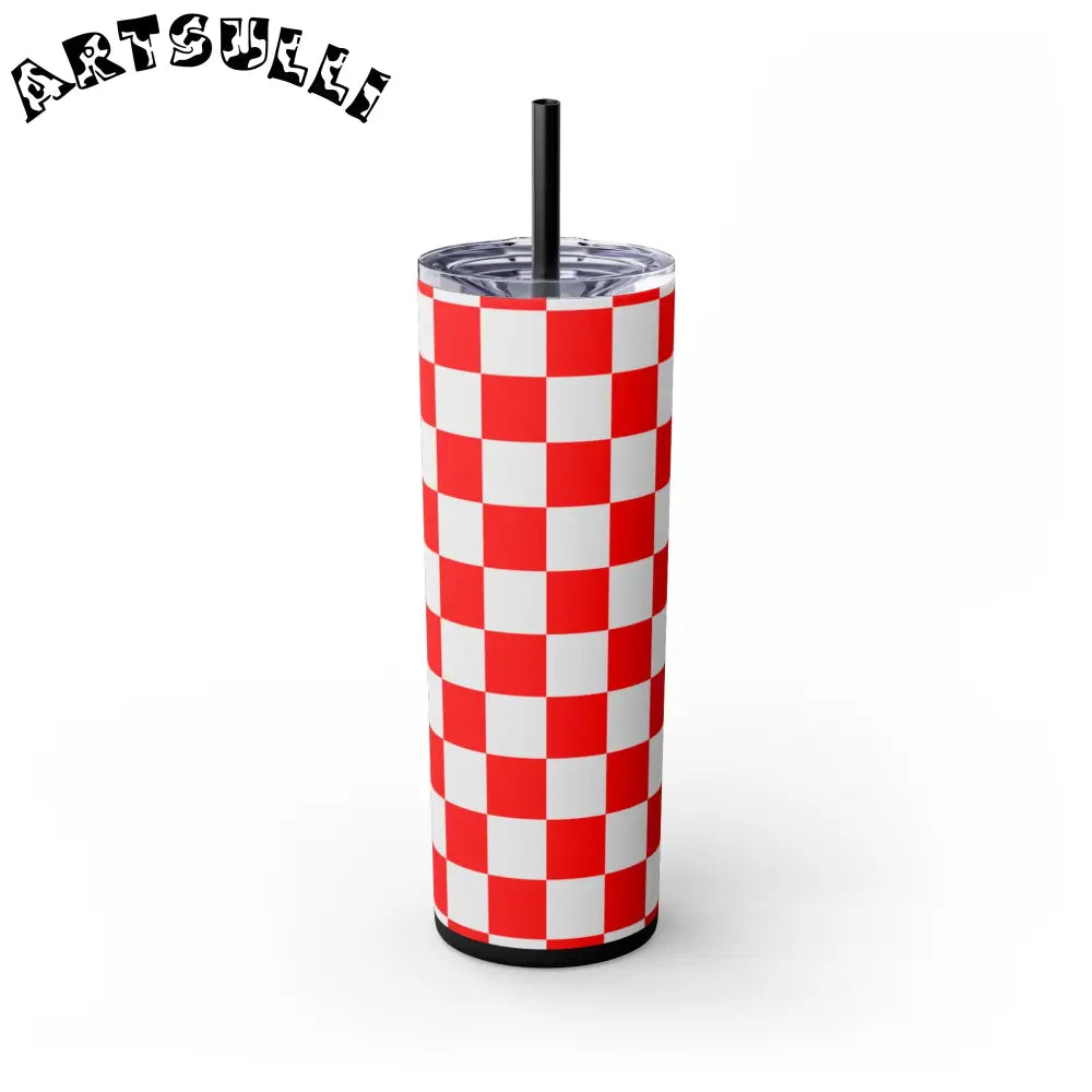 JAKKOUTTHEBXX Checkerboard Red and White Skinny Tumbler with Straw