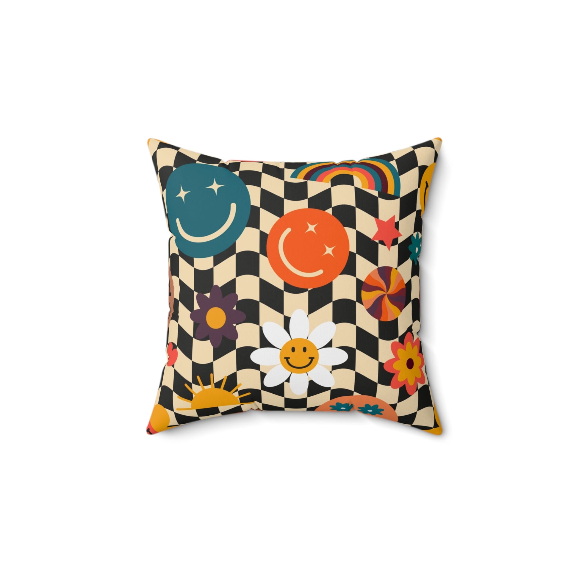 Trippy x Wavy Checkerboard x Smiley Face x Rainbow x Flowers Multi-Color Spun Polyester Square Pillow, Artsulli - Art is Long, Life is Short, Home Decor, , , , , , , 