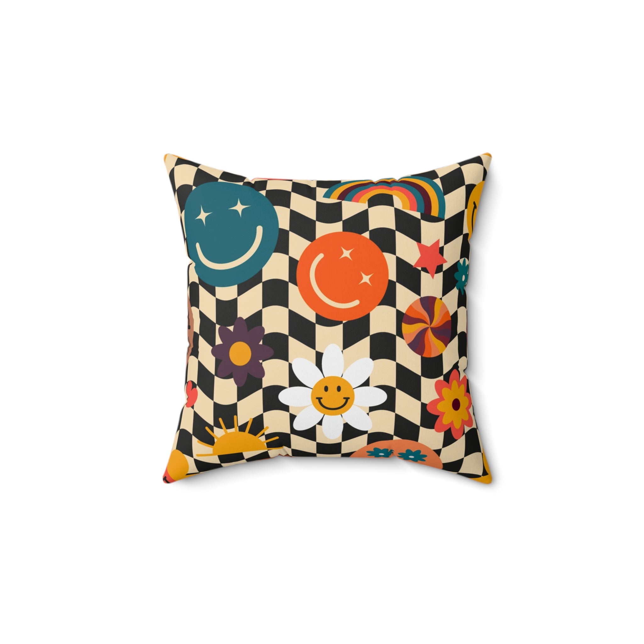 Trippy x Wavy Checkerboard x Smiley Face x Rainbow x Flowers Multi-Color Spun Polyester Square Pillow, Artsulli - Art is Long, Life is Short, Home Decor, , , , , , , 