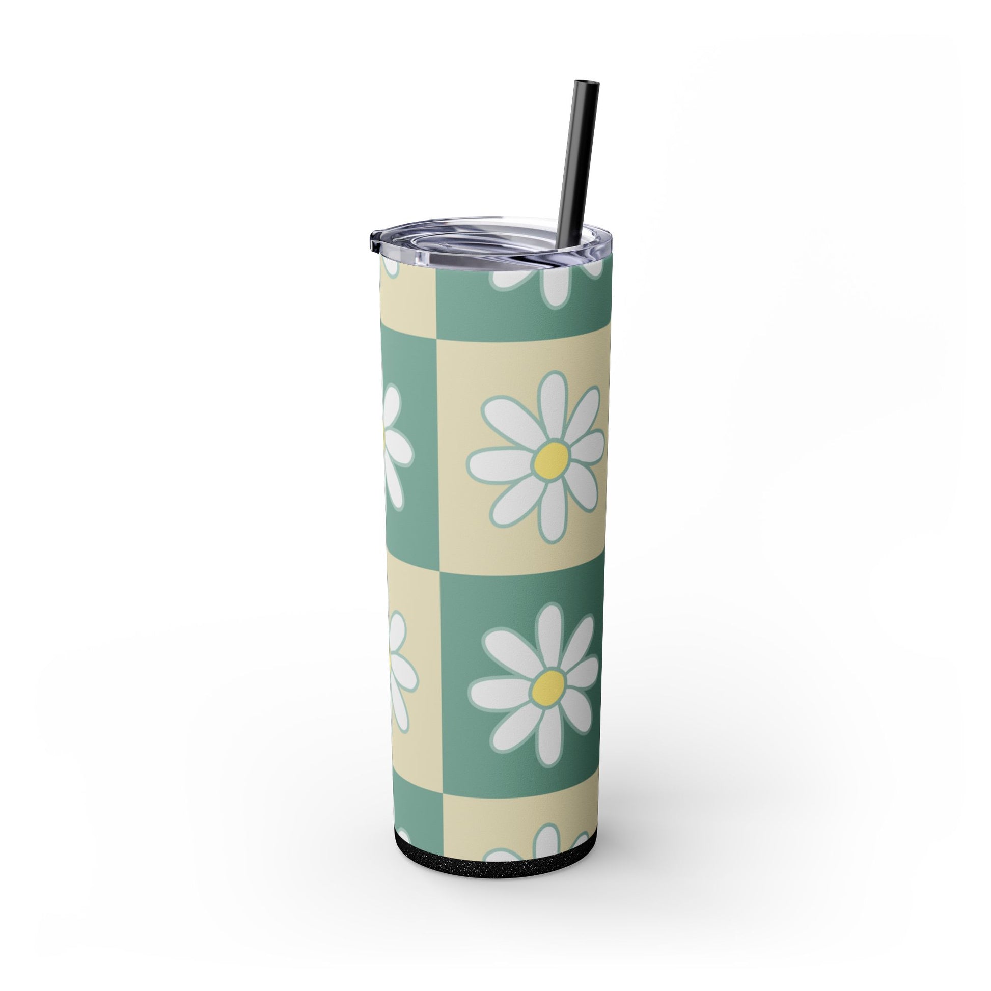 Retro Daisy Checkerboard Green and Tan Skinny Tumbler with Straw, 20oz, Artsulli - Art is Long, Life is Short, Mug, , , , , , , 