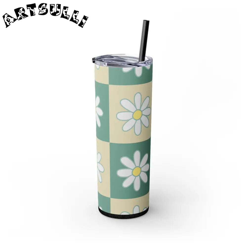 JAKKOUTTHEBXX Retro Daisy Checkerboard Green and Tan Skinny Tumbler
