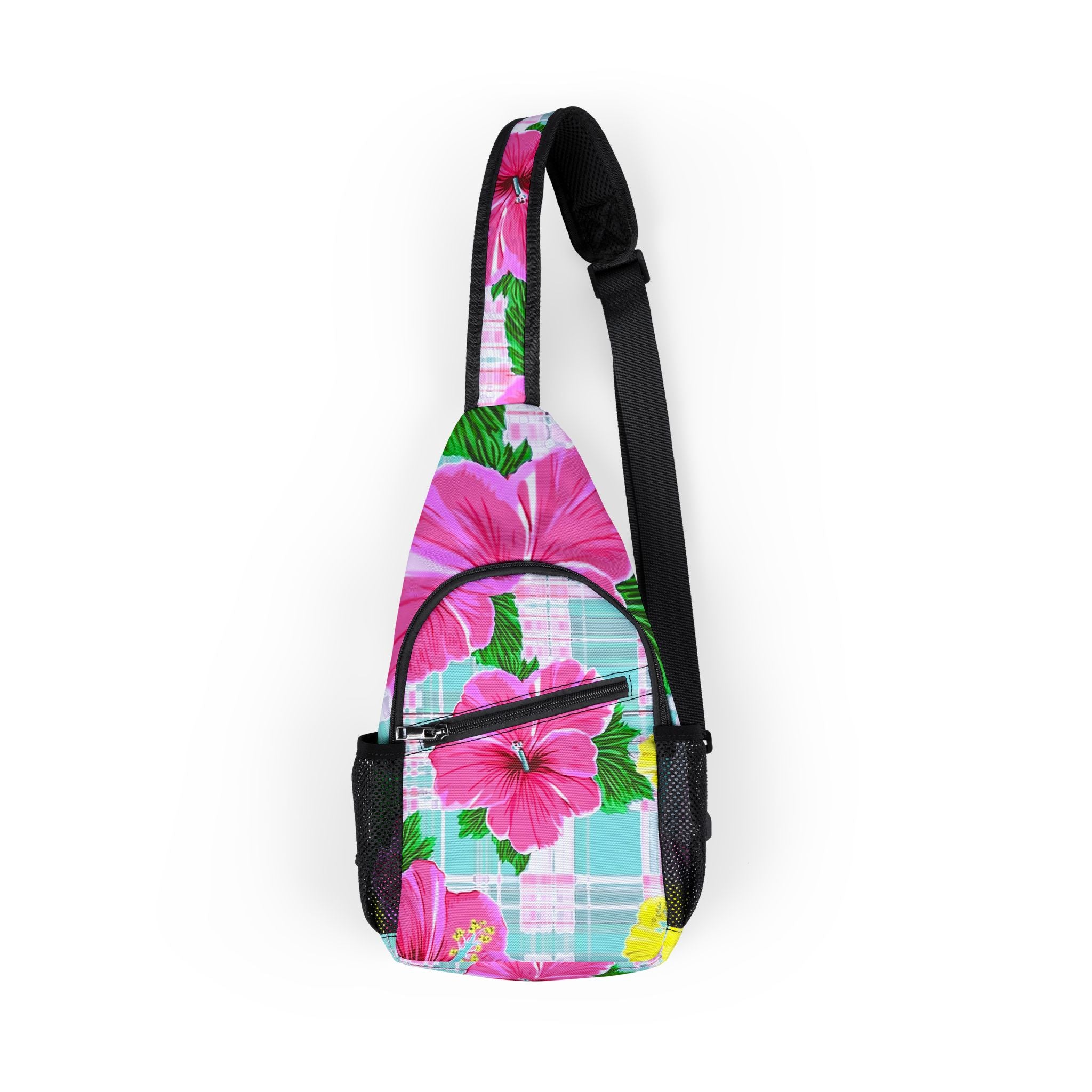 Plaid Hibiscus Chest Bag (AOP), Artsulli - Art is Long, Life is Short, Bags, Size, One size, , , , , 20952626554426392642