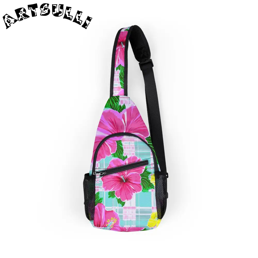 JAKKOUTTHEBXX Pink Hibiscus Floral Art Printed Chest Bag
