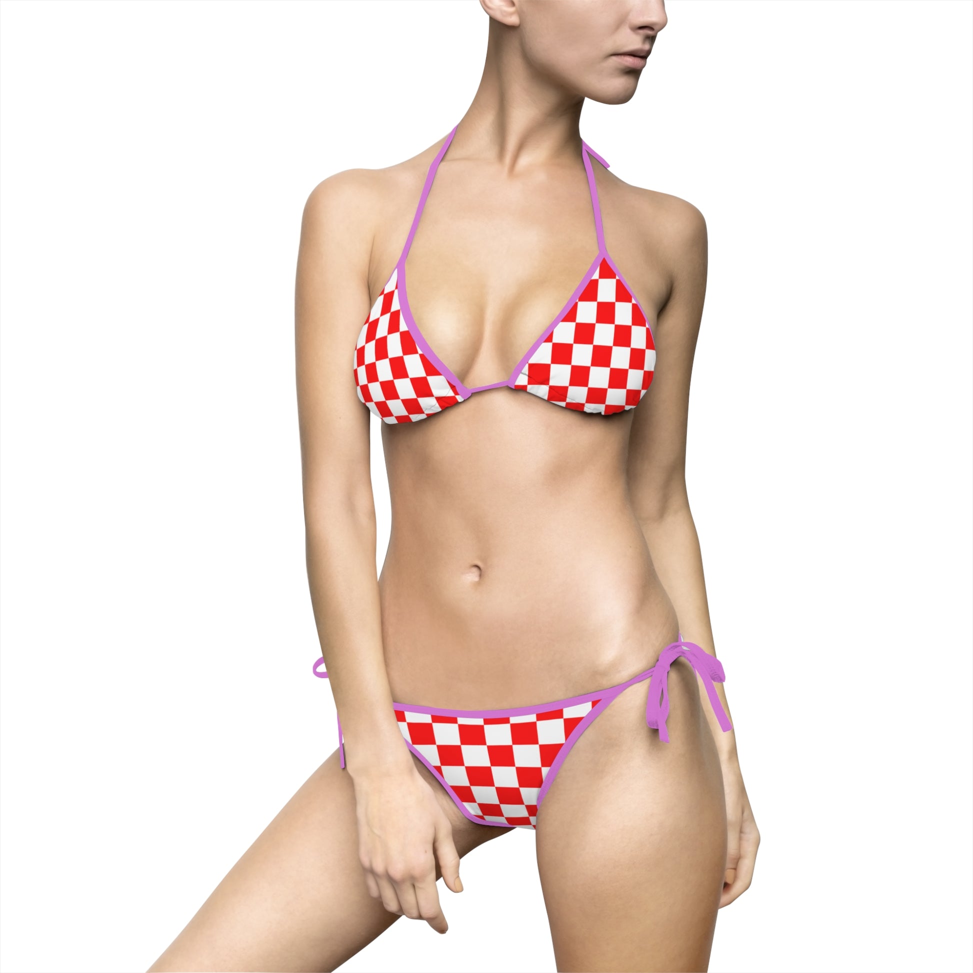 Checkerboard Red and White Women's Bikini Swimsuit (AOP), Artsulli - Art is Long, Life is Short, All Over Prints, Size, S, Color, Purple, , , 17054836914162144349