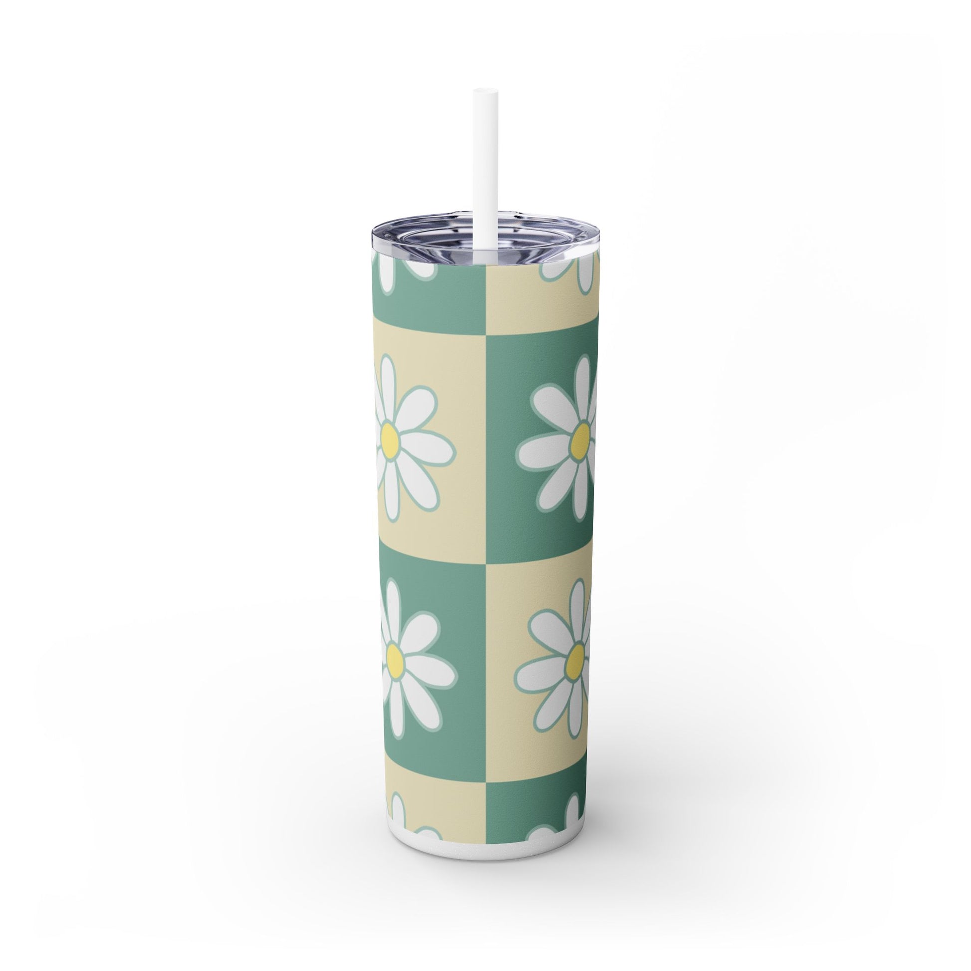 Retro Daisy Checkerboard Green and Tan Skinny Tumbler with Straw, 20oz, Artsulli - Art is Long, Life is Short, Mug, , , , , , , 