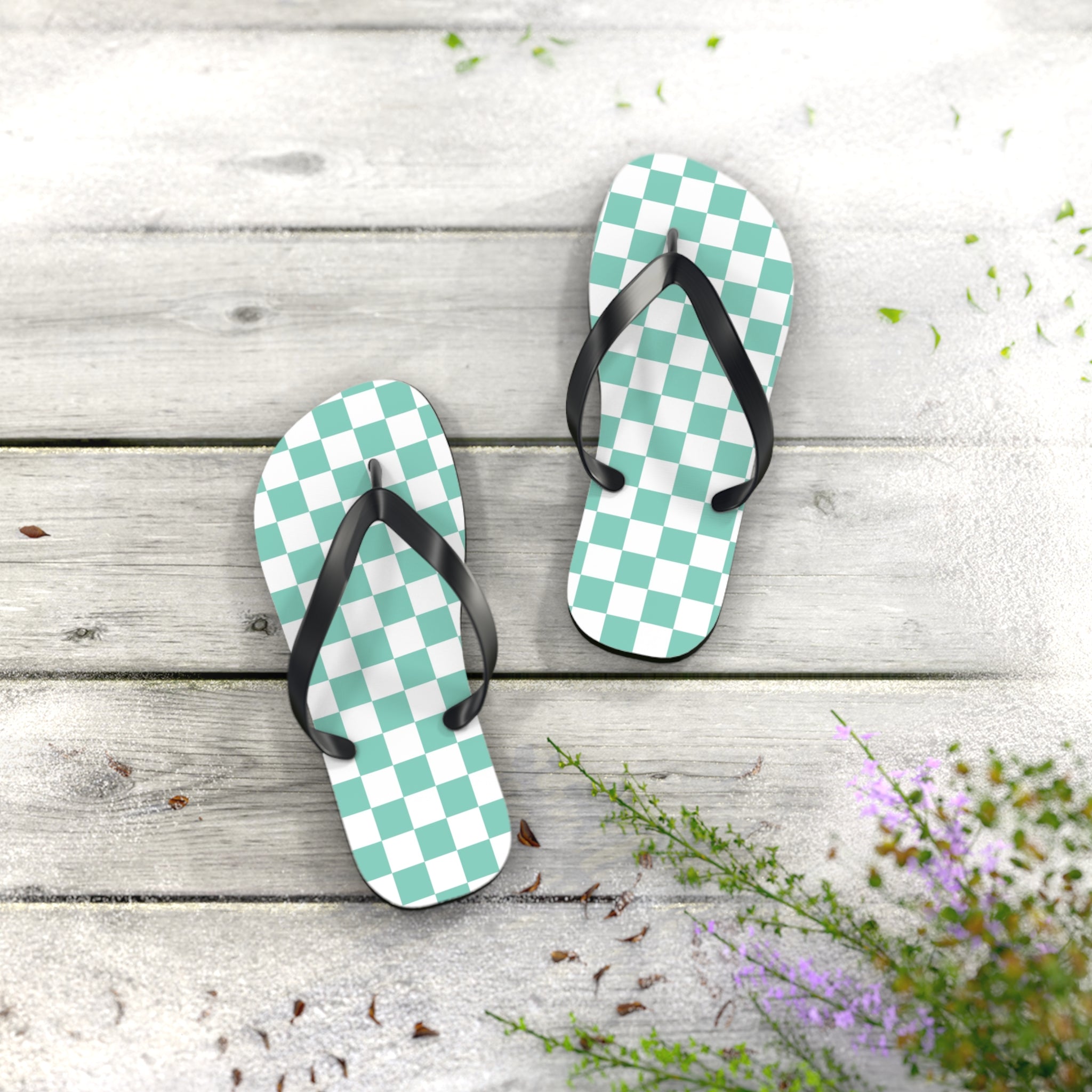Checkerboard Light Green Flip Flops, Artsulli - Art is Long, Life is Short, Shoes, , , , , , , 
