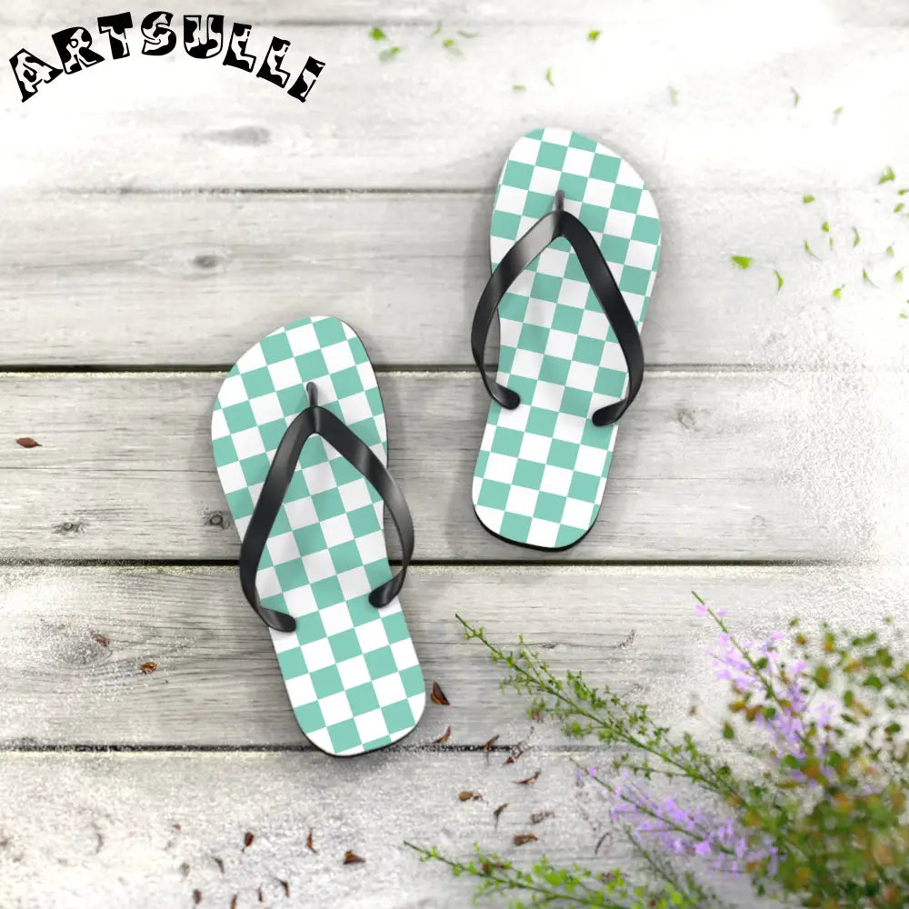JAKKOUTTHEBXX Checkerboard Light Green Flip Flops JAKKOUTTHEBXX