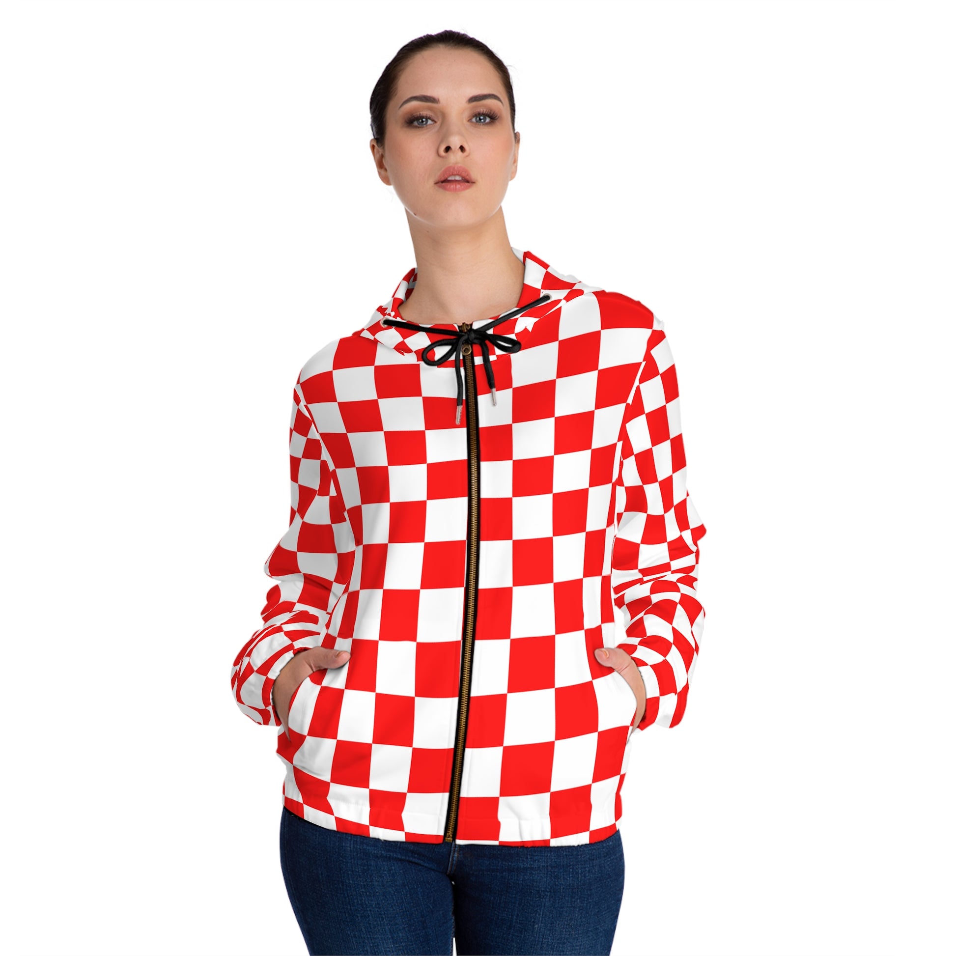 Checkerboard Red and White Women’s Full-Zip Hoodie (AOP), Artsulli - Art is Long, Life is Short, All Over Prints, , , , , , , 