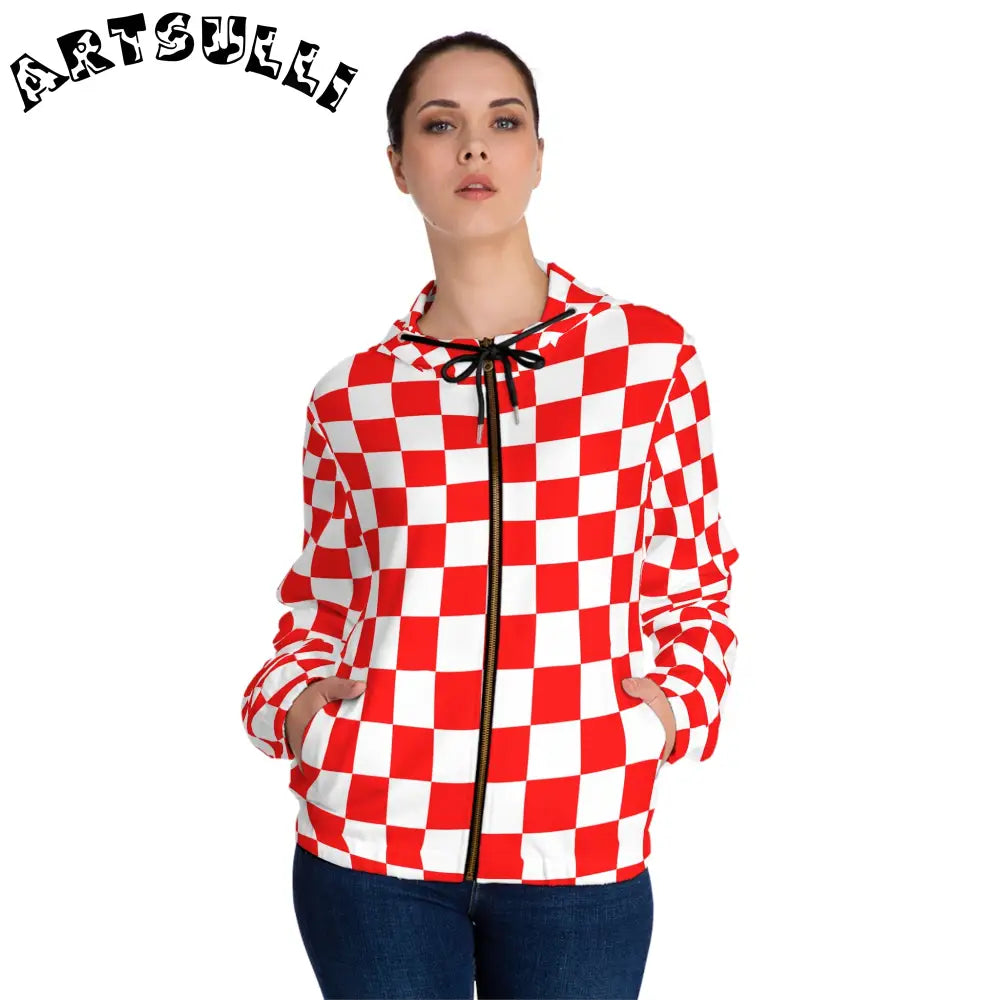 JAKKOUTTHEBXX Checkerboard Red and White Women’s Full-Zip Hoodie