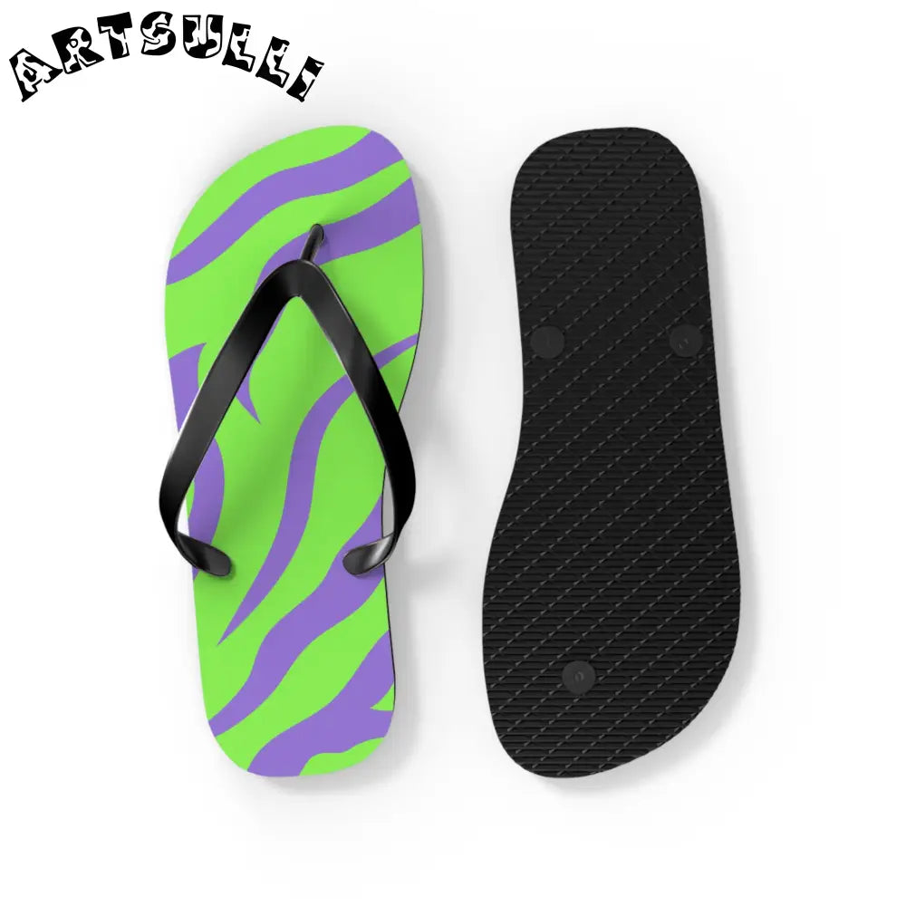 JAKKOUTTHEBXX Tyrannosaurus Print Green and Purple Flip Flops