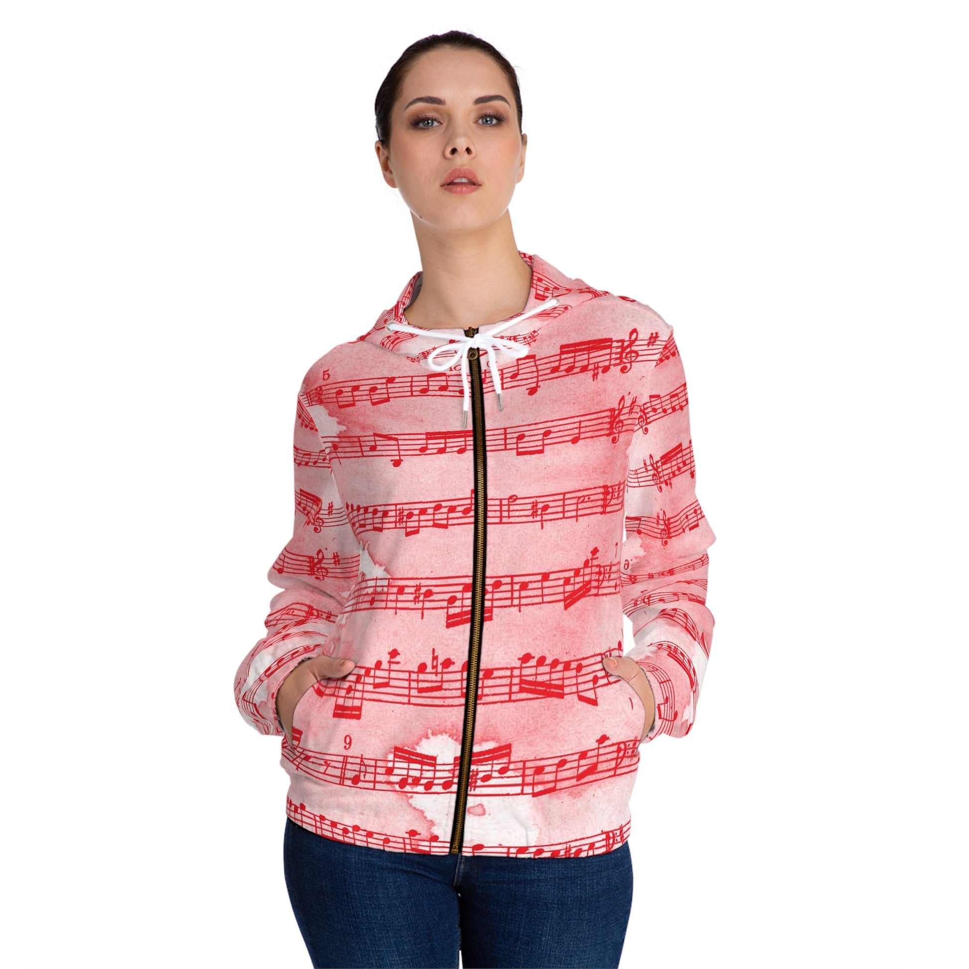 Drip Spill Type Beat Sheet Music Red Women’s Full-Zip Hoodie (AOP), Artsulli - Art is Long, Life is Short, All Over Prints, , , , , , , 