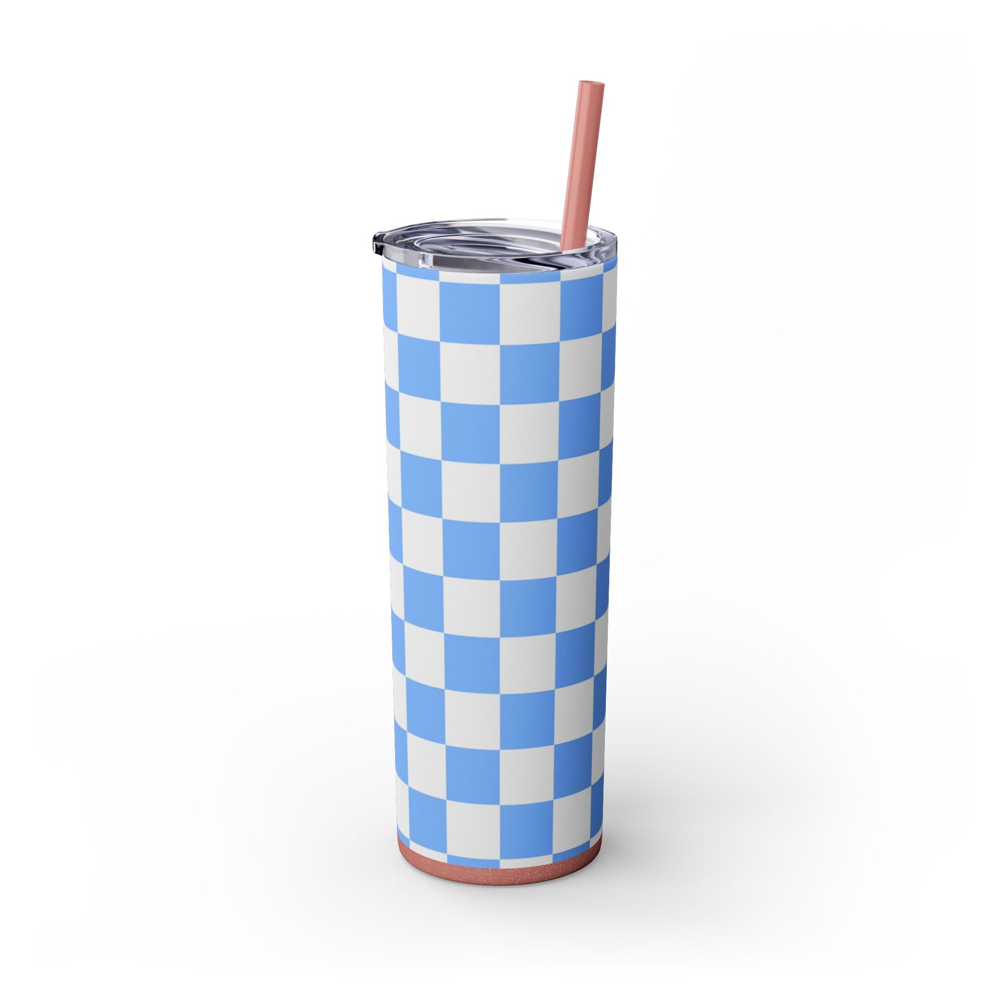 Checkerboard White and Light Blue Skinny Tumbler with Straw, 20oz, Artsulli - Art is Long, Life is Short, Mug, , , , , , , 