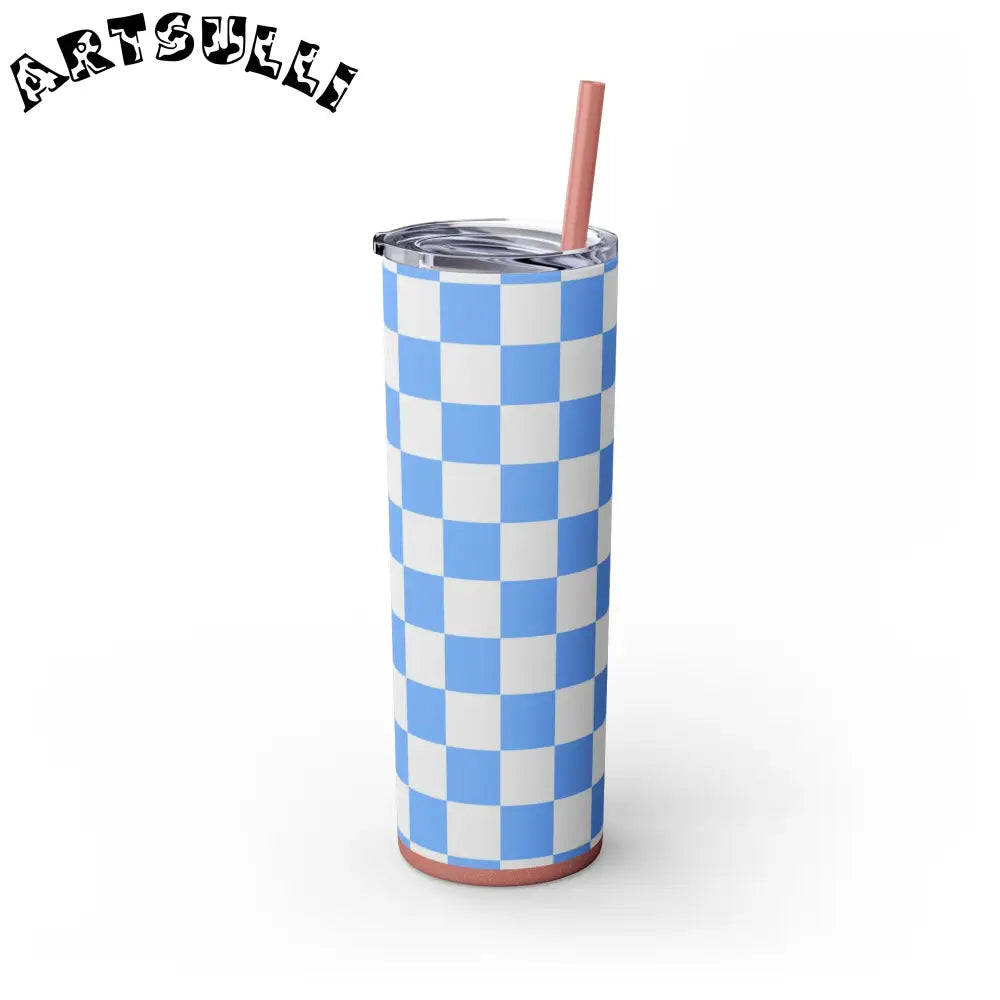 JAKKOUTTHEBXX Checkerboard White and Light Blue Skinny Tumbler