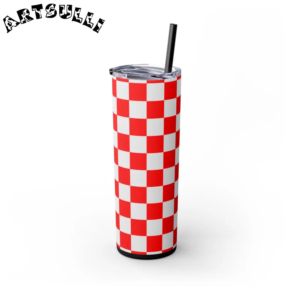 JAKKOUTTHEBXX Checkerboard Red and White Skinny Tumbler with Straw