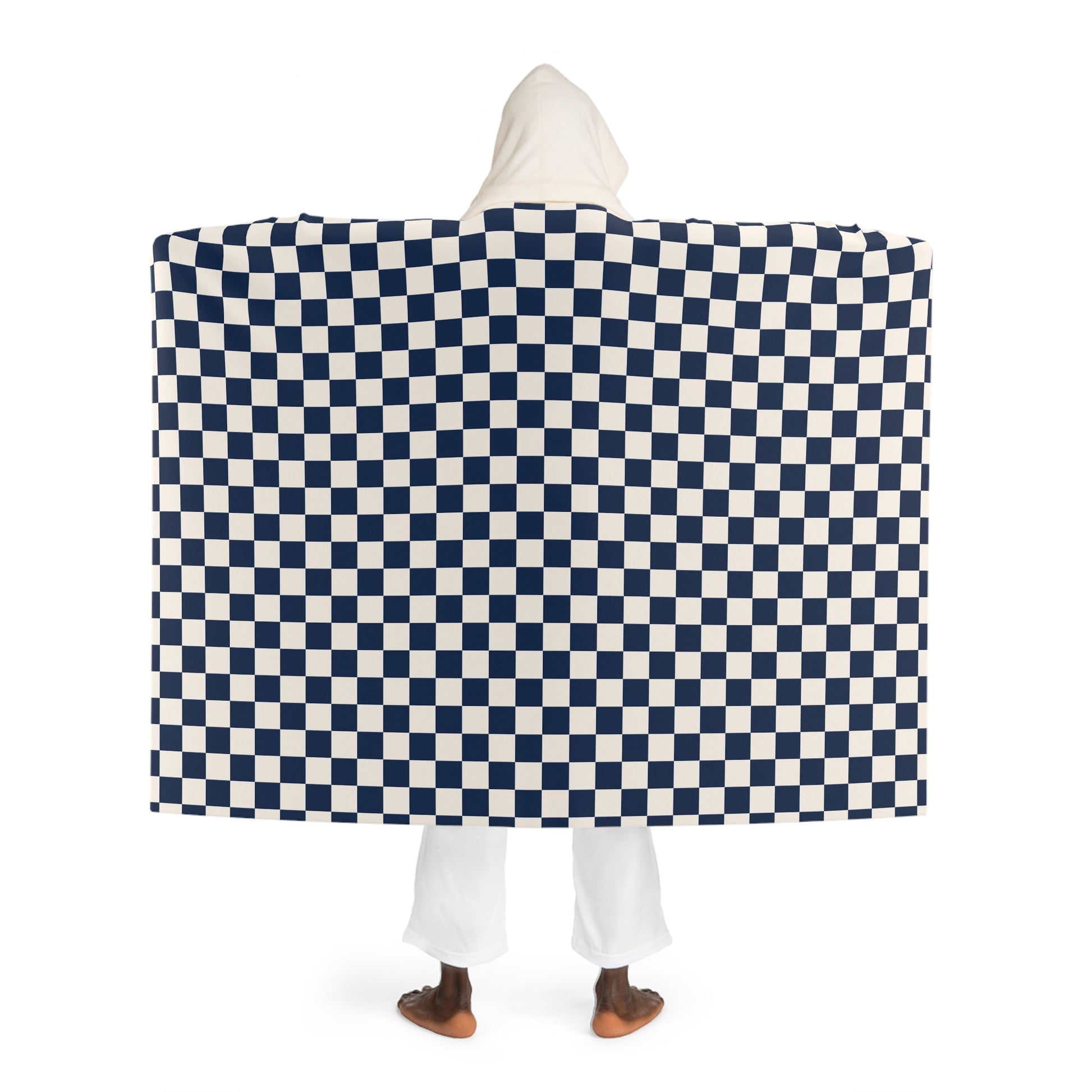 Checkerboard II White and Navy Blue Hooded Sherpa Fleece Blanket, Artsulli - Art is Long, Life is Short, All Over Prints, , , , , , , 