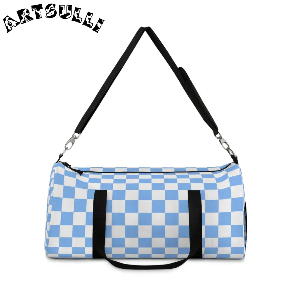 JAKKOUTTHEBXX Checkerboard II White and Light Blue Duffel Bag