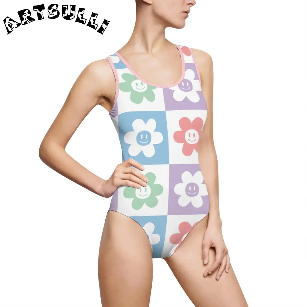 JAKKOUTTHEBXX Checkered Smiley Flower Elastic Strap One Piece Swimsuit 2025