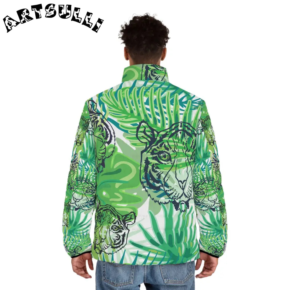 JAKKOUTTHEBXX Tropical Jungle Tigers Green Men’s Puffer Jacket (AOP)