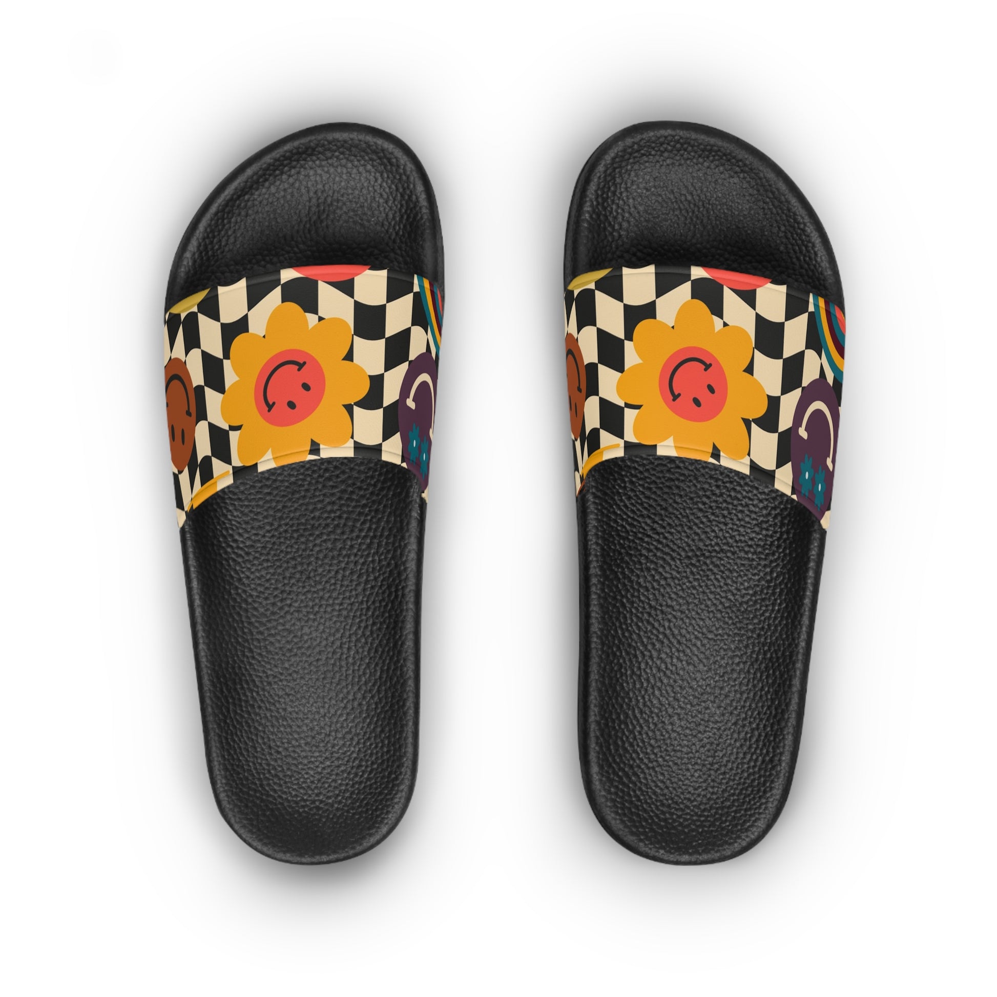 Trippy x Wavy Checkerboard x Smiley Face x Rainbow x Flowers Multi-Color Women's Slide Sandals, Artsulli - Art is Long, Life is Short, Shoes, , , , , , , 