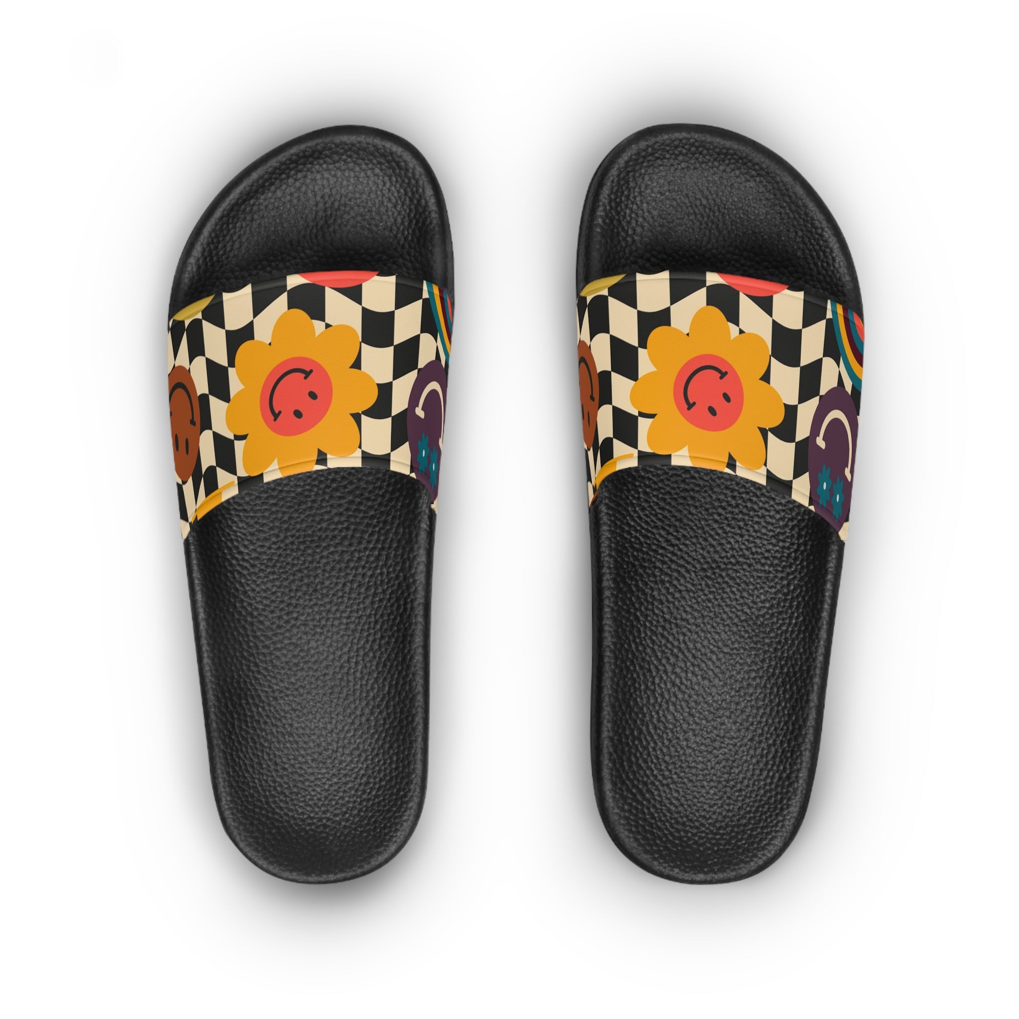 Trippy x Wavy Checkerboard x Smiley Face x Rainbow x Flowers Multi-Color Women's Slide Sandals, Artsulli - Art is Long, Life is Short, Shoes, , , , , , , 