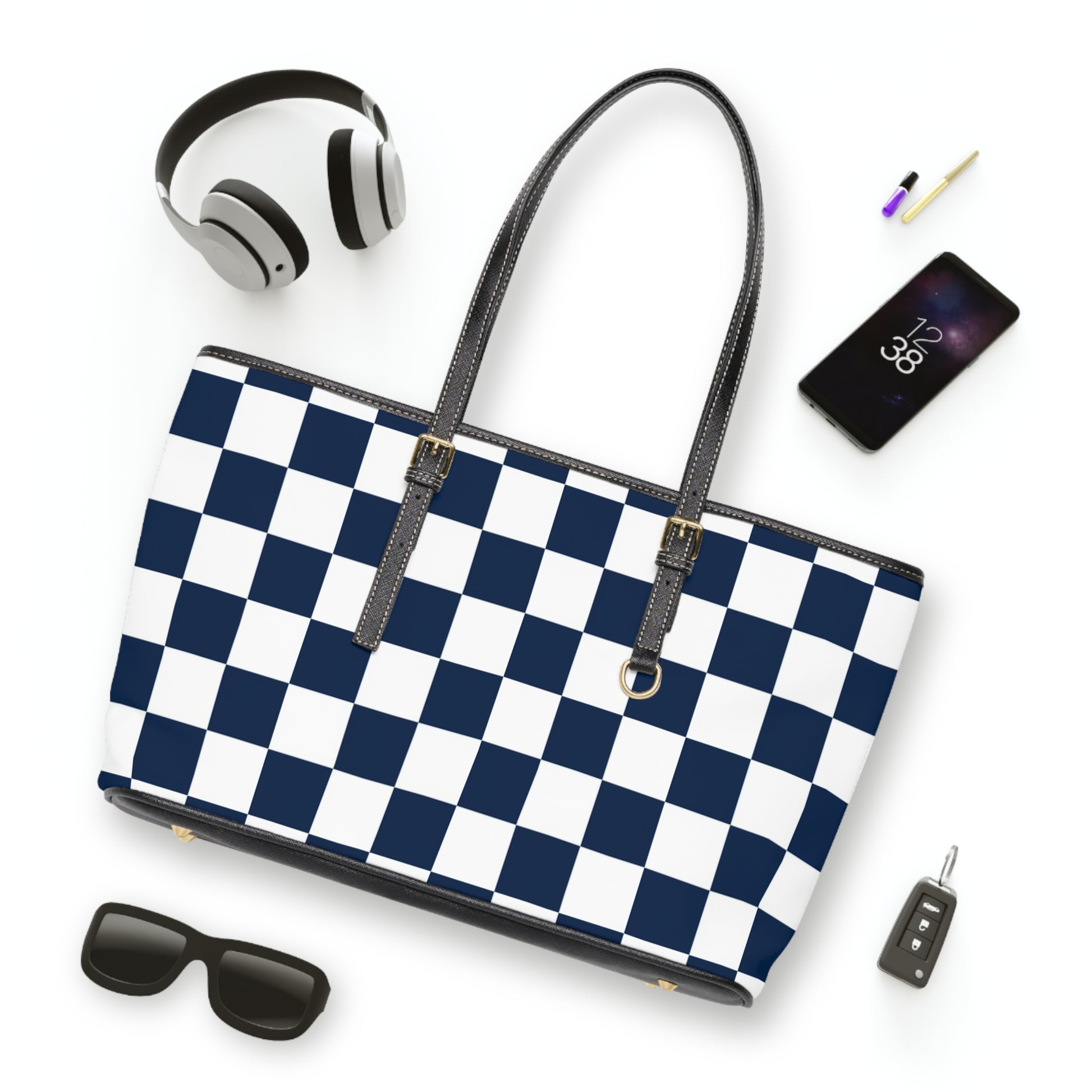 Checkerboard White and Navy Blue PU Leather Shoulder Bag, Artsulli - Art is Long, Life is Short, Bags, , , , , , , 