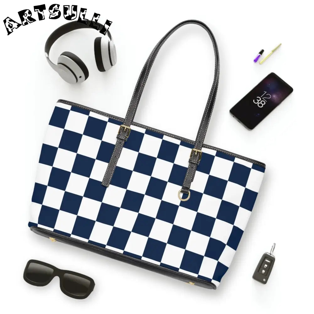 JAKKOUTTHEBXX Checkerboard White and Navy Blue PU Leather Shoulder