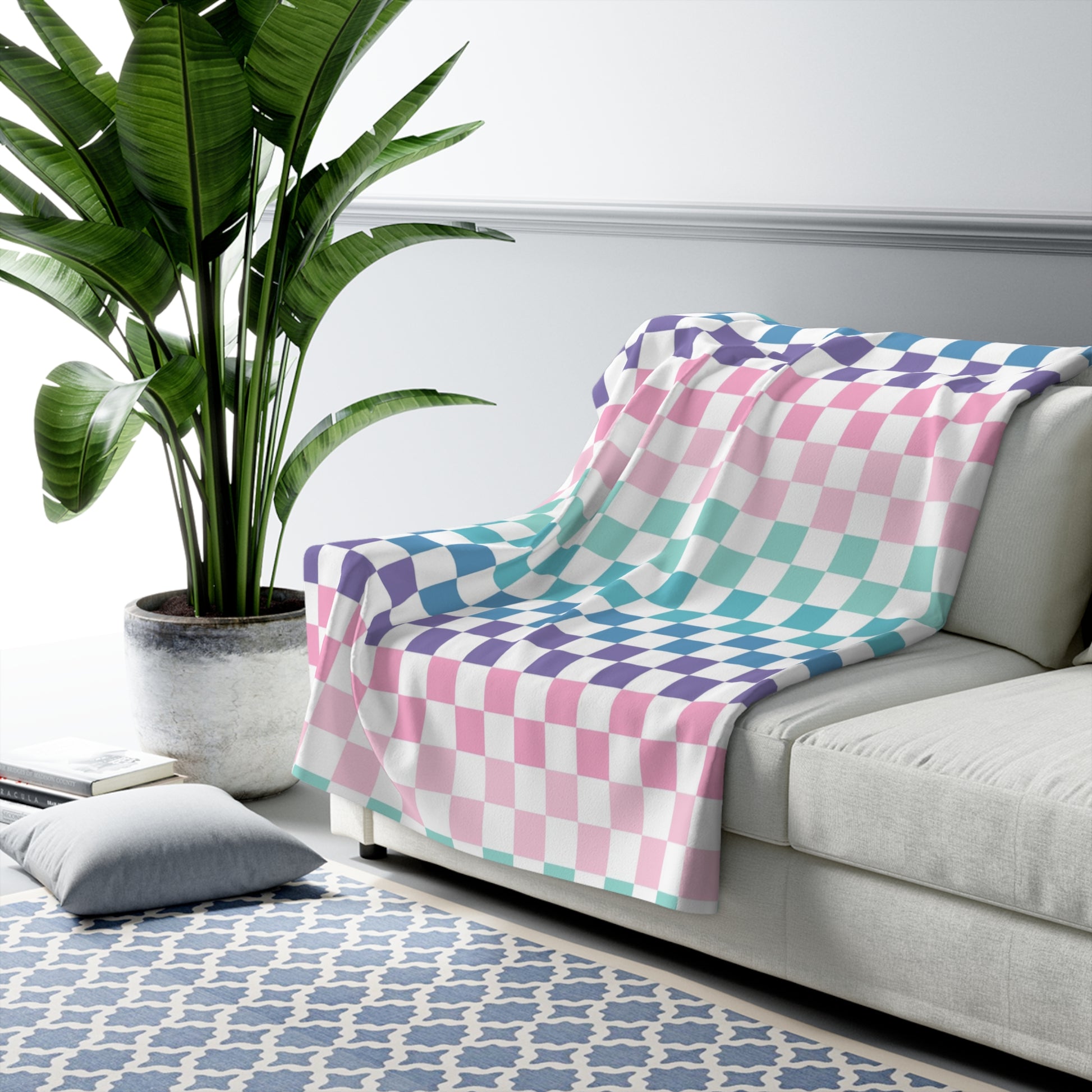 Vaporwave Rainbow  Checkerboard Multi-Color Sherpa Fleece Blanket, Artsulli - Art is Long, Life is Short, Home Decor, , , , , , , 