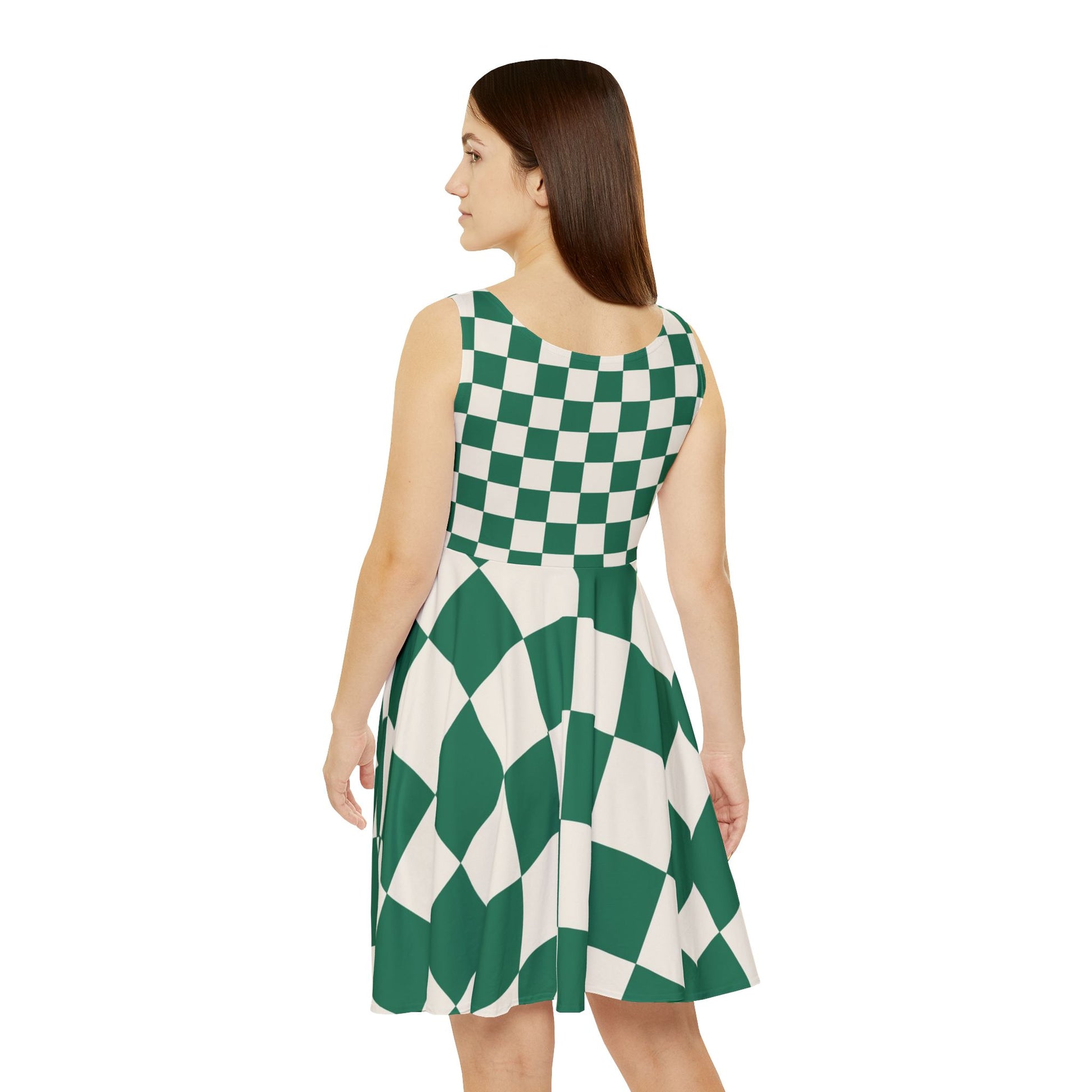 Checkerboard Dark Green Women's Skater Dress (AOP), Artsulli - Art is Long, Life is Short, All Over Prints, , , , , , , 