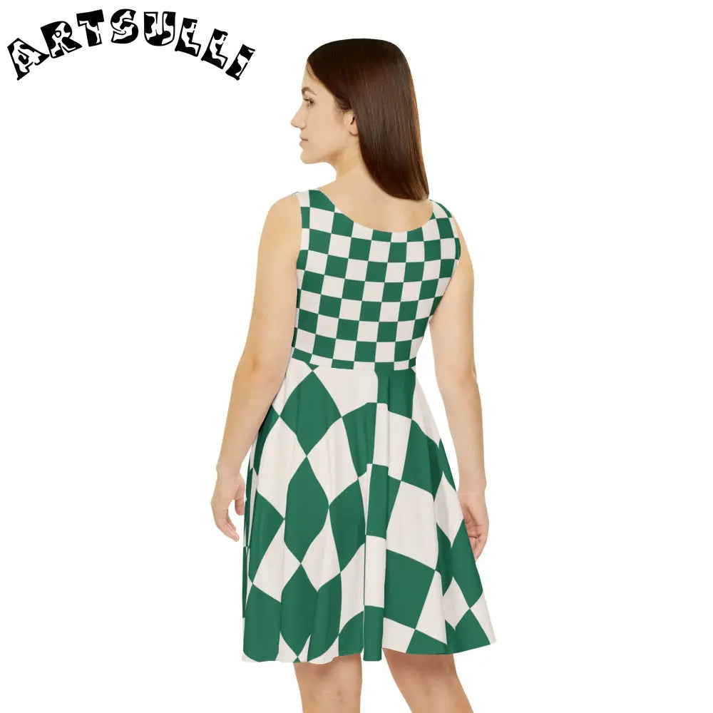 JAKKOUTTHEBXX Checkerboard Dark Green Women’s Skater Dress (AOP)