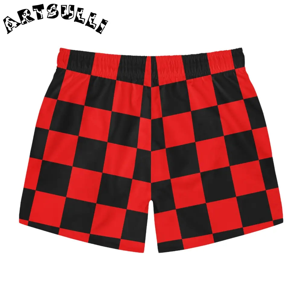 JAKKOUTTHEBXX Checkerboard Red and Black Swim Trunks (AOP)