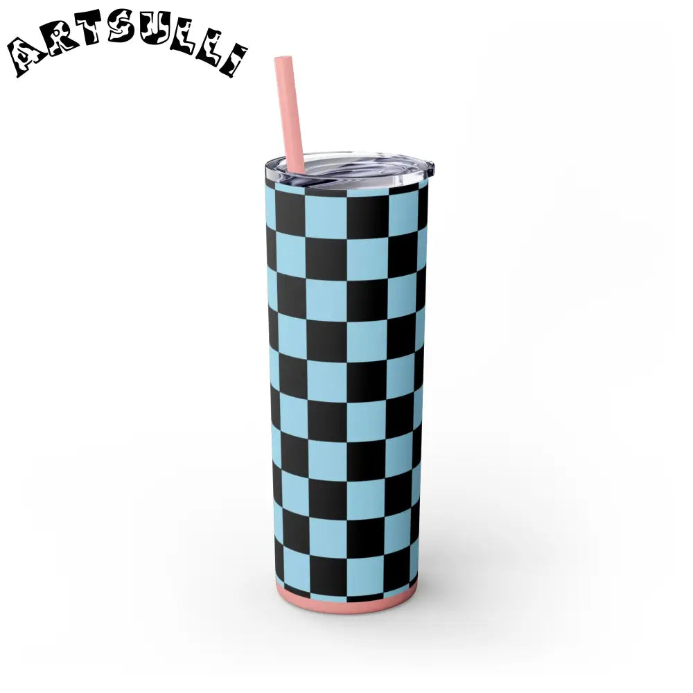 JAKKOUTTHEBXX Checkerboard Black and Blue Skinny Tumbler with Straw