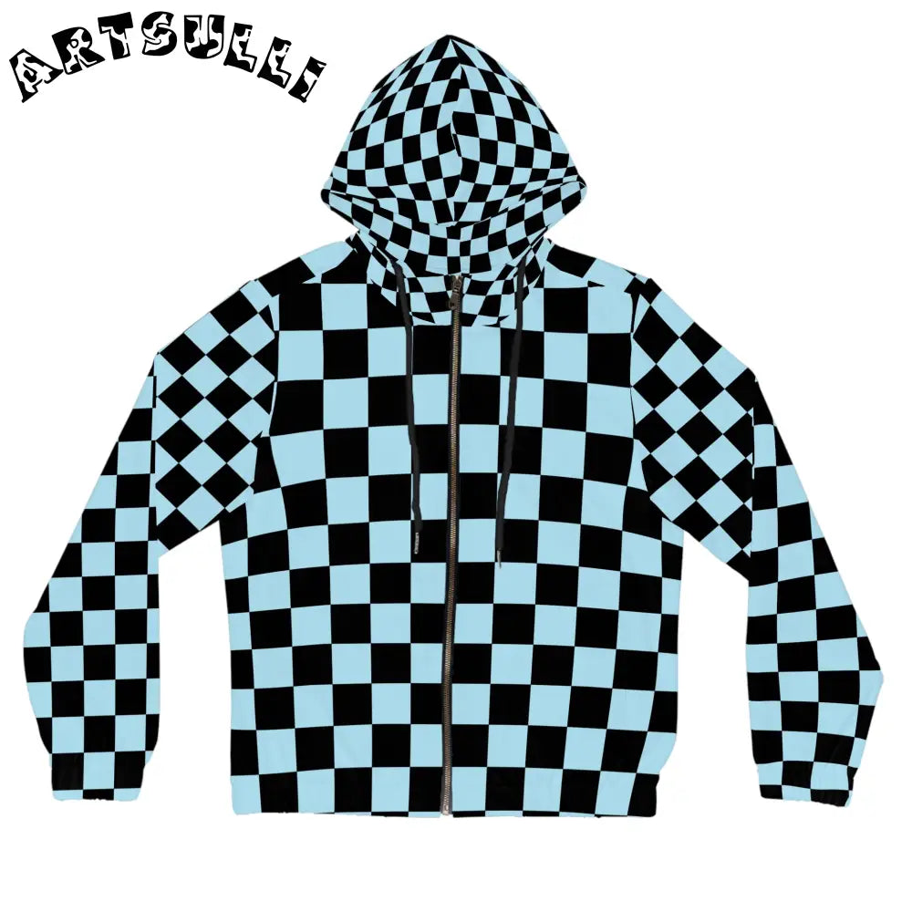 JAKKOUTTHEBXX Checkerboard Black and Blue Women’s Full-Zip Hoodie