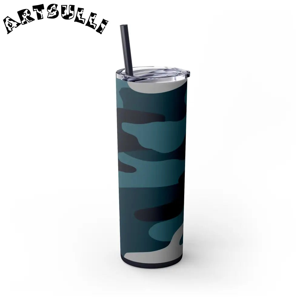 JAKKOUTTHEBXX Blue Camouflage Skinny Tumbler with Straw 20oz
