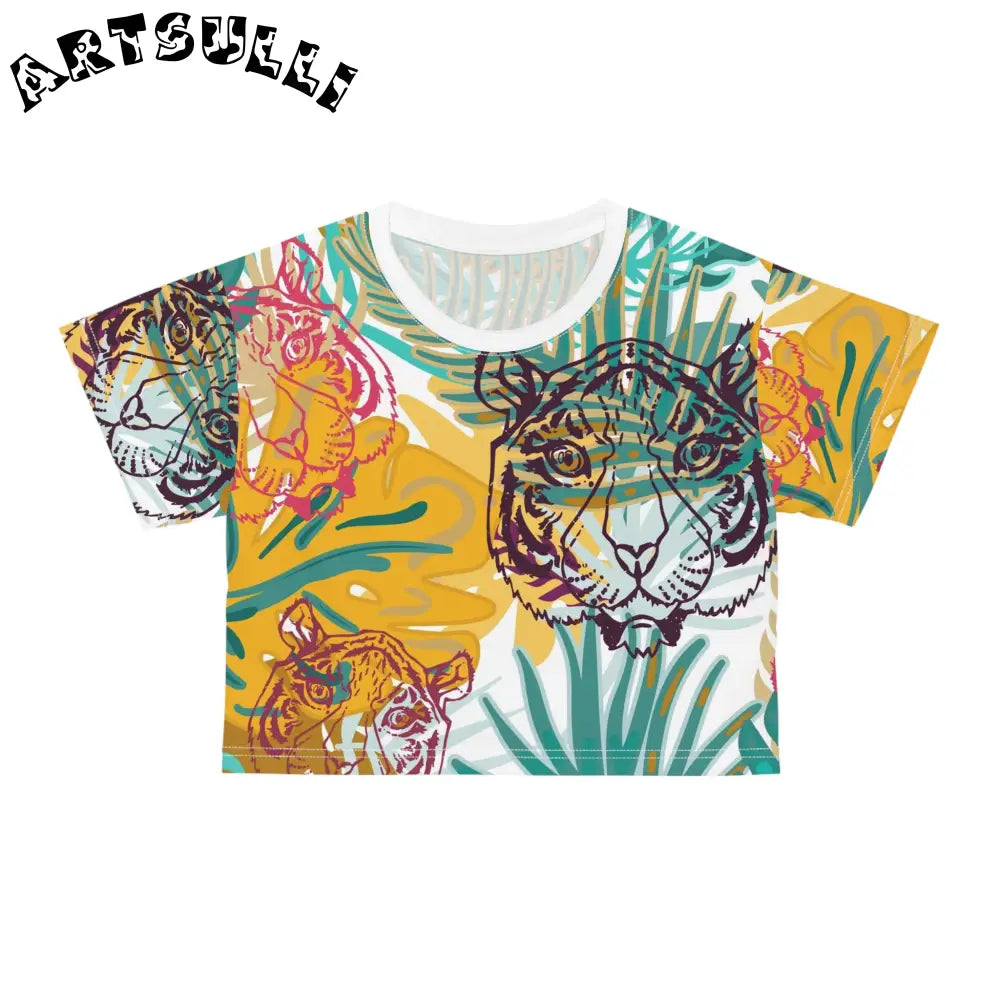 JAKKOUTTHEBXX Tropical Jungle Tigers Brown and Green Crop Tee (AOP)