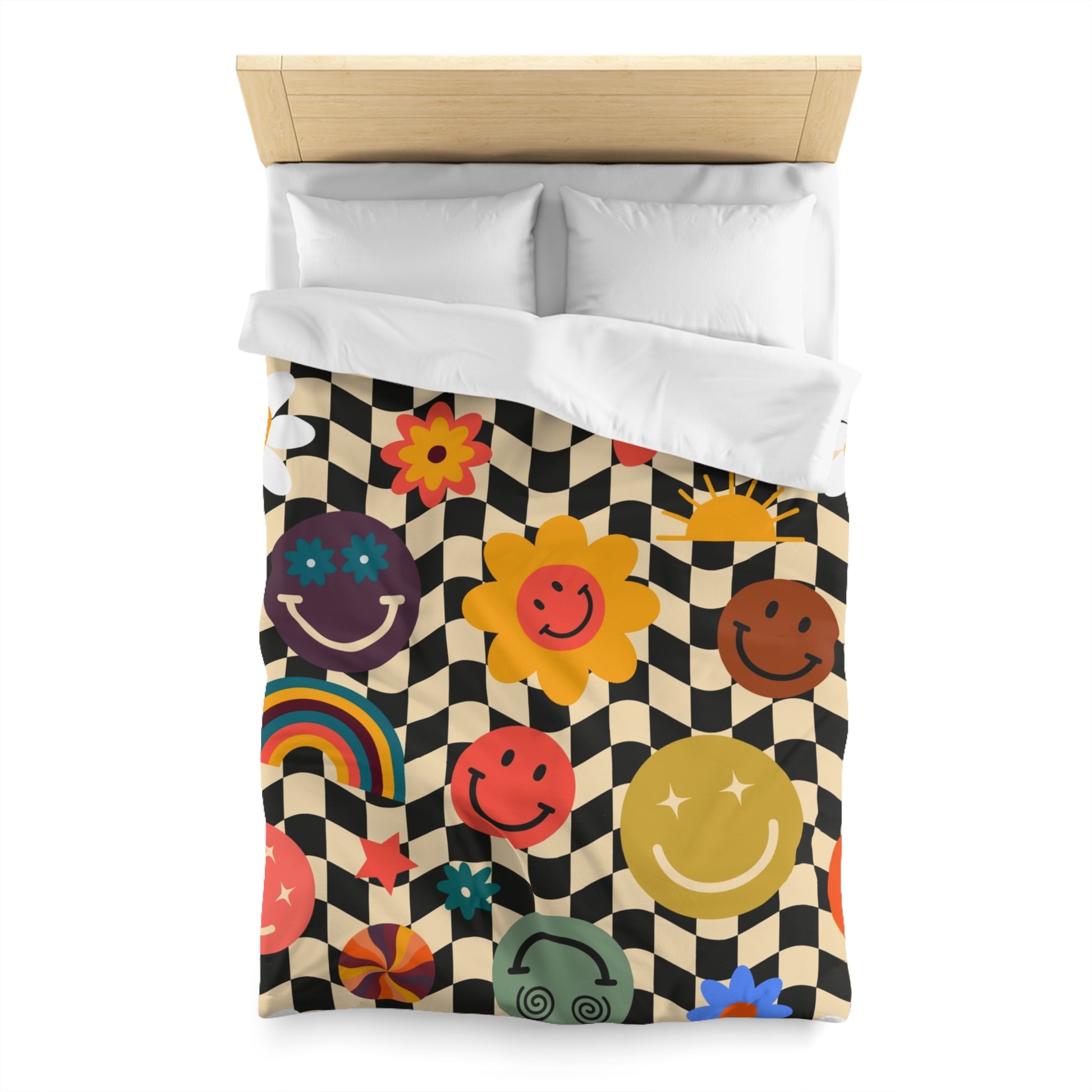 Trippy x Wavy Checkerboard x Smiley Face x Rainbow x Flowers Multi-Color Microfiber Duvet Cover, Artsulli - Art is Long, Life is Short, Home Decor, , , , , , , 