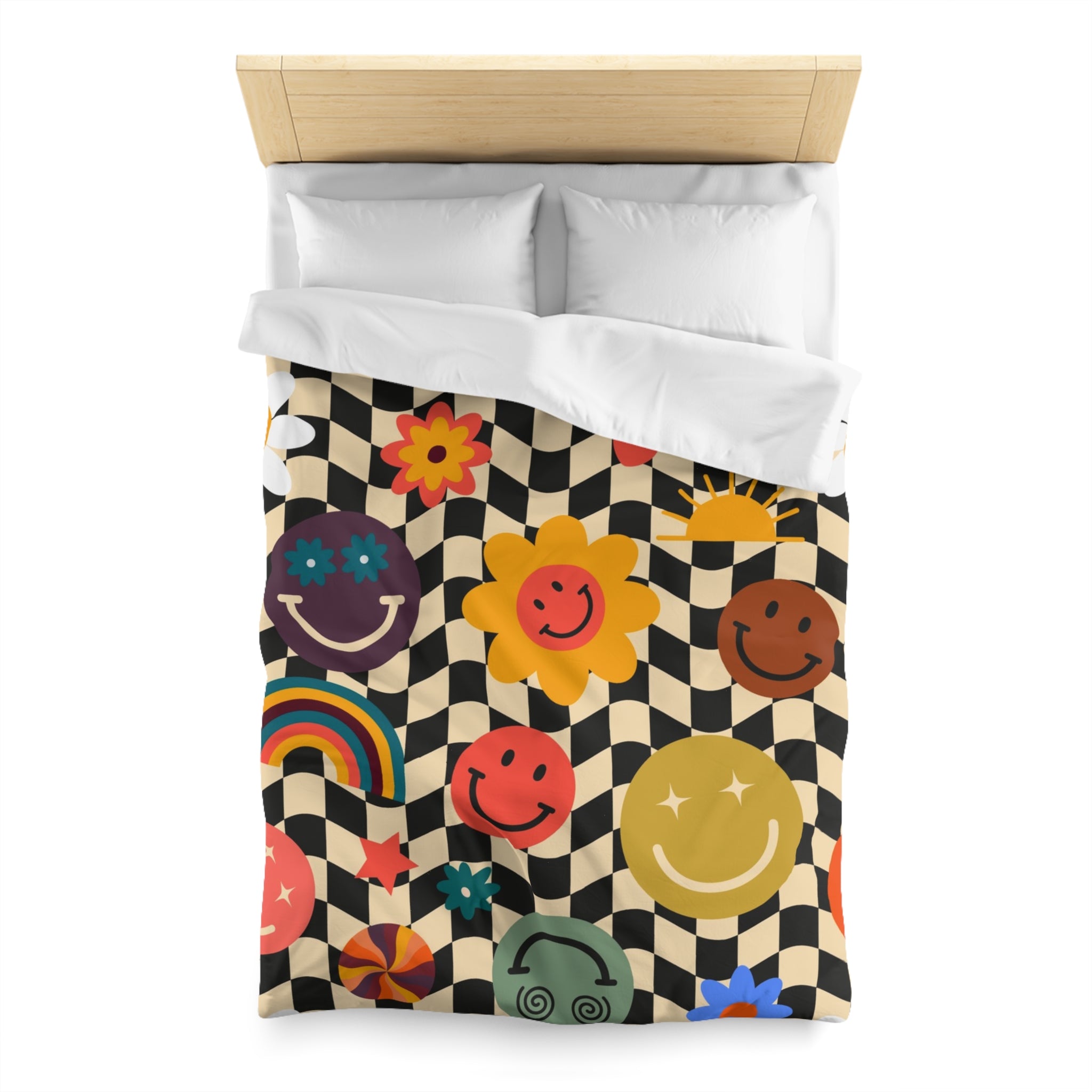 Trippy x Wavy Checkerboard x Smiley Face x Rainbow x Flowers Multi-Color Microfiber Duvet Cover, Artsulli - Art is Long, Life is Short, Home Decor, , , , , , , 