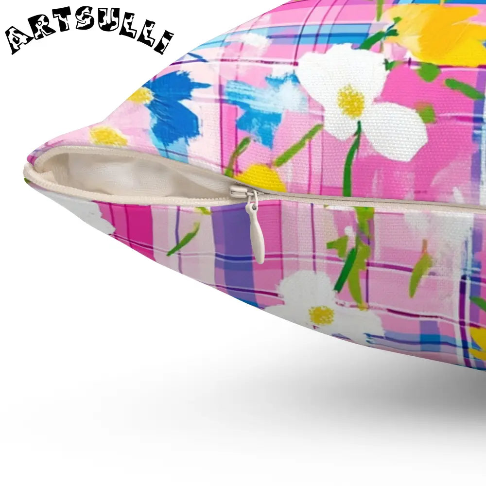 JAKKOUTTHEBXX Plaid Garden III Pink and Blue Spun Polyester Square