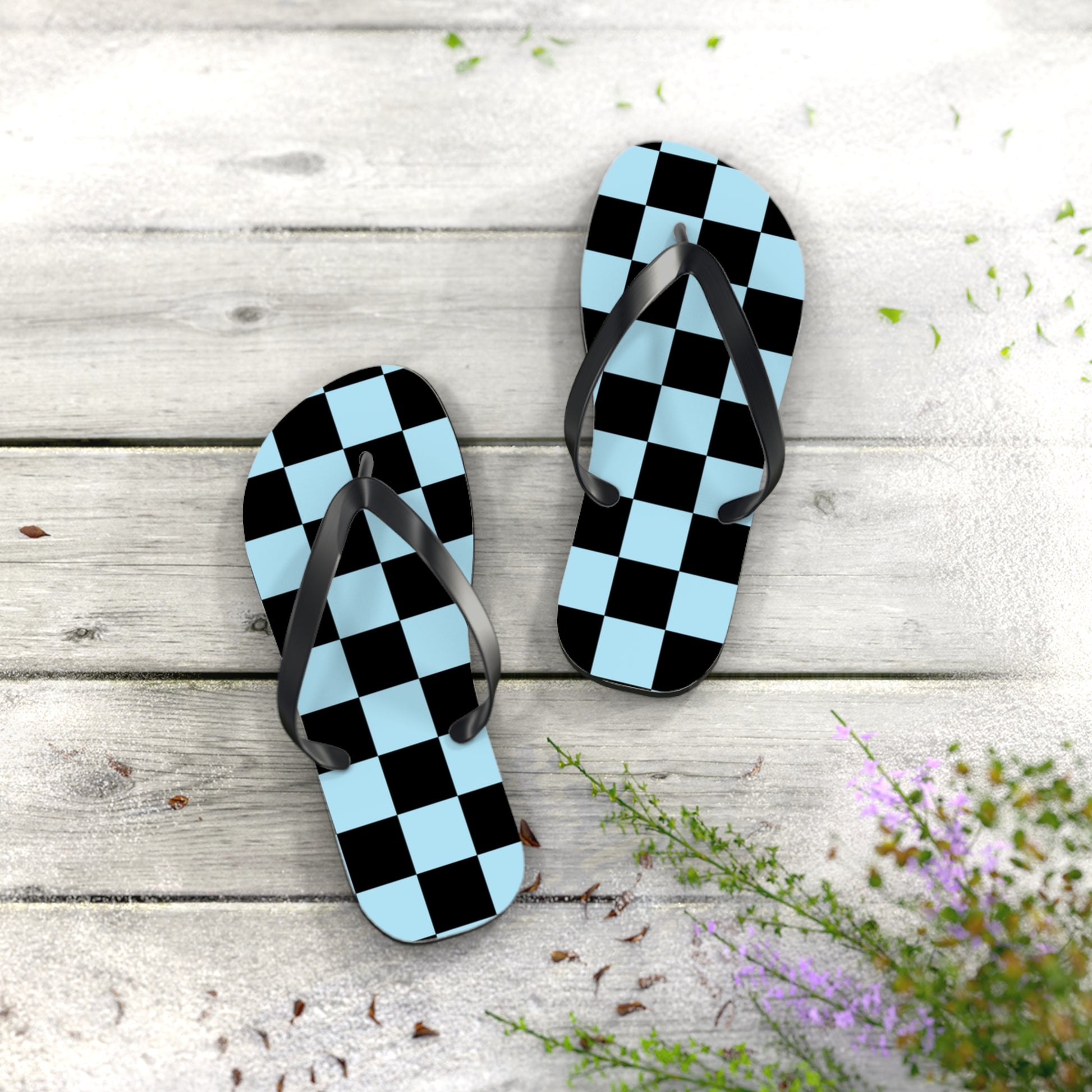 Checkerboard Black and Blue Flip Flops, Artsulli - Art is Long, Life is Short, Shoes, , , , , , , 