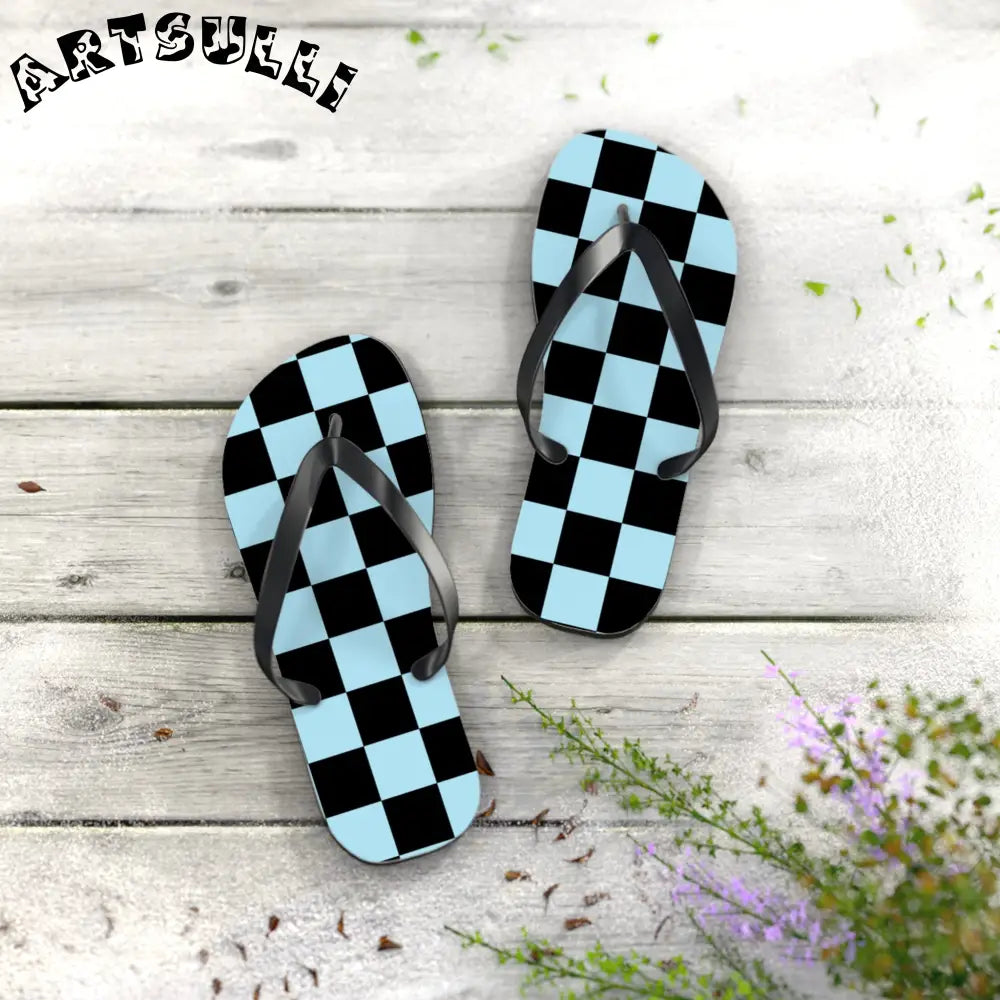 JAKKOUTTHEBXX Checkerboard Black and Blue Flip Flops JAKKOUTTHEBXX