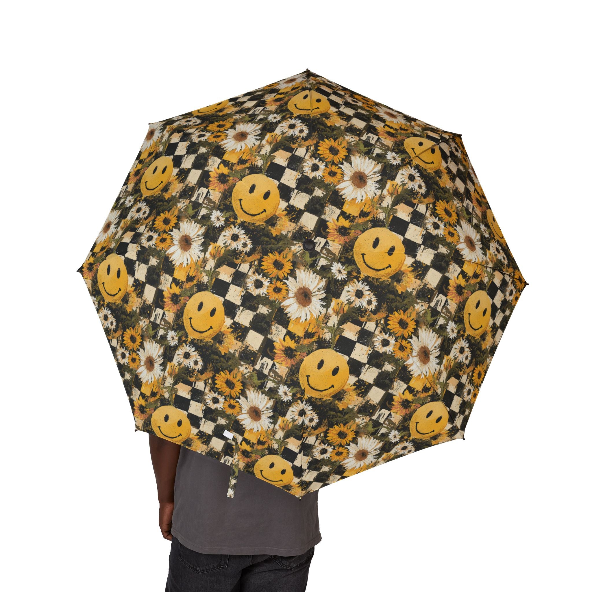 Smiley Face x Checkerboard x Sunflowers x Trippy x Vintage Black and Yellow Semi-Automatic Foldable Umbrella, Artsulli - Art is Long, Life is Short, Accessories, , , , , , , 