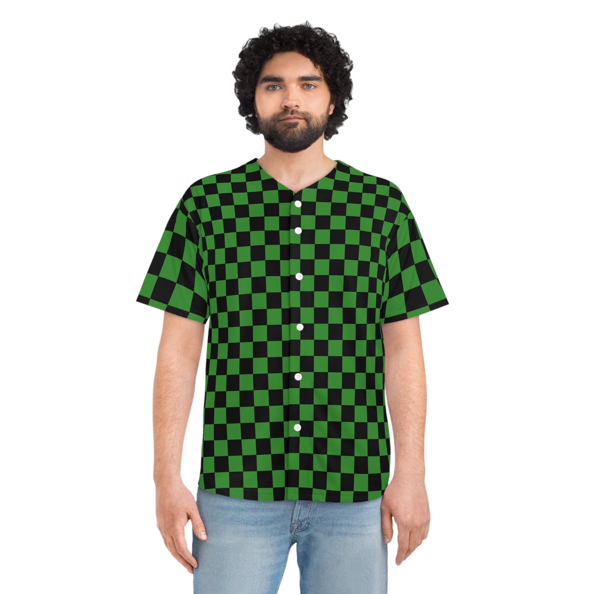 Checkerboard II Green and Black Men's Baseball Jersey (AOP), Artsulli - Art is Long, Life is Short, All Over Prints, , , , , , , 