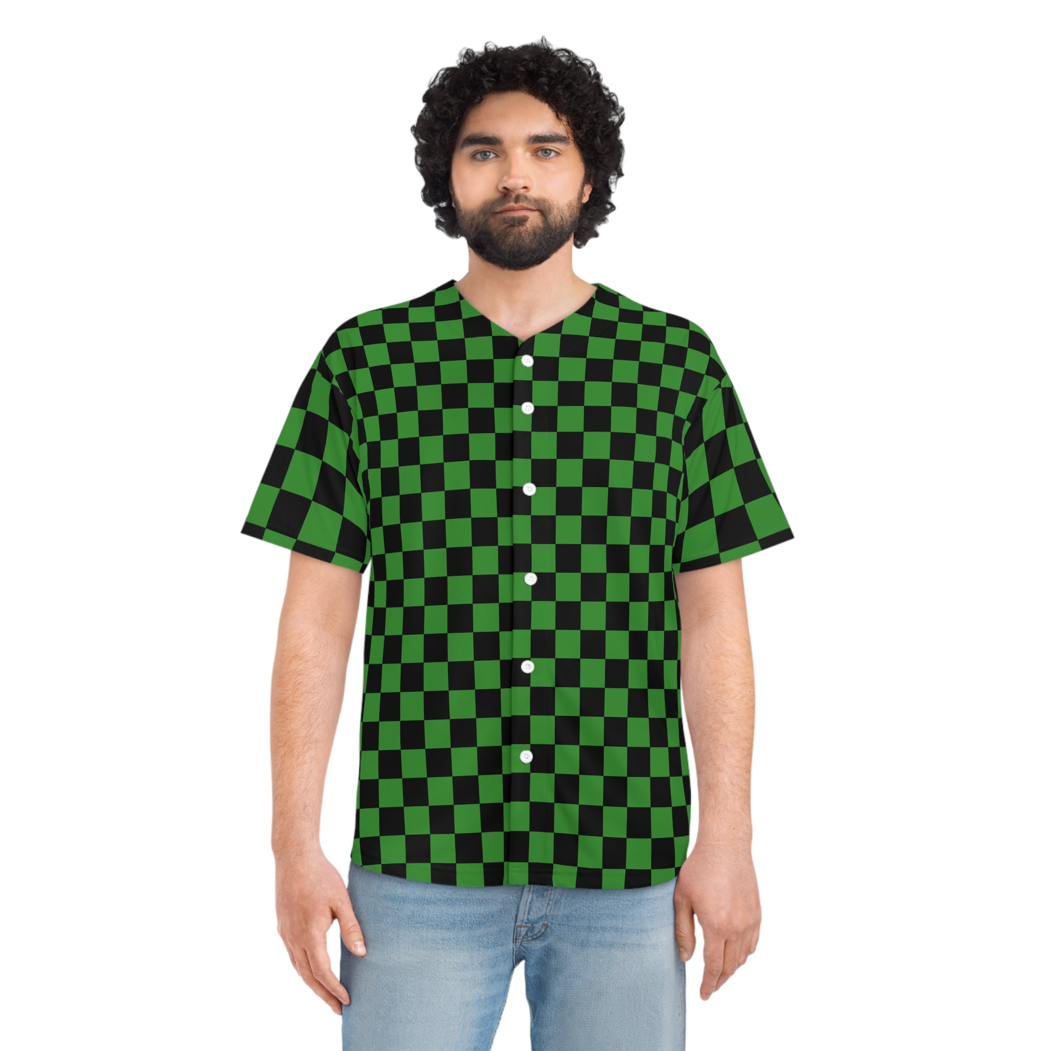 Checkerboard II Green and Black Men's Baseball Jersey (AOP), Artsulli - Art is Long, Life is Short, All Over Prints, , , , , , , 