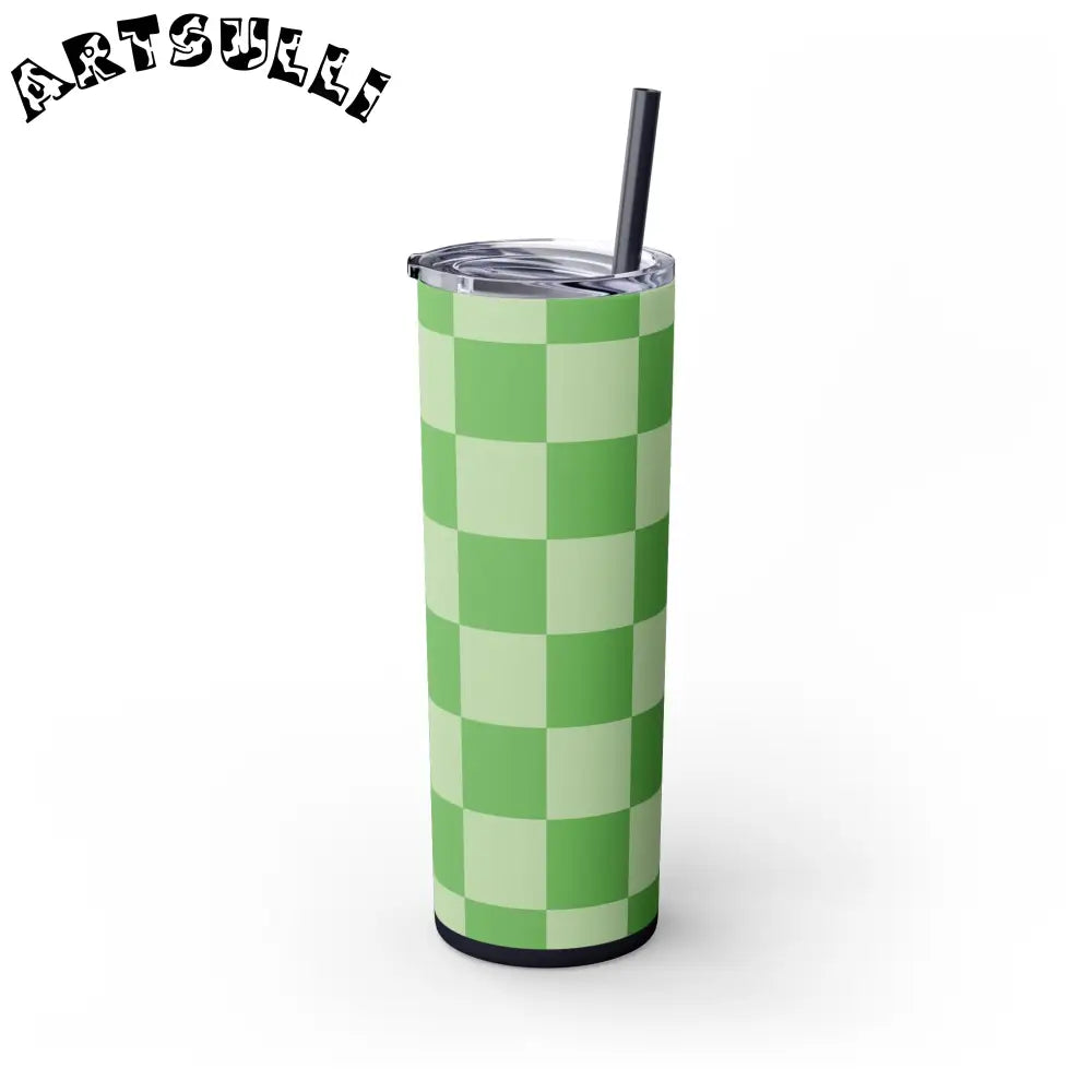 JAKKOUTTHEBXX Checkerboard Green Skinny Tumbler with Straw 20oz