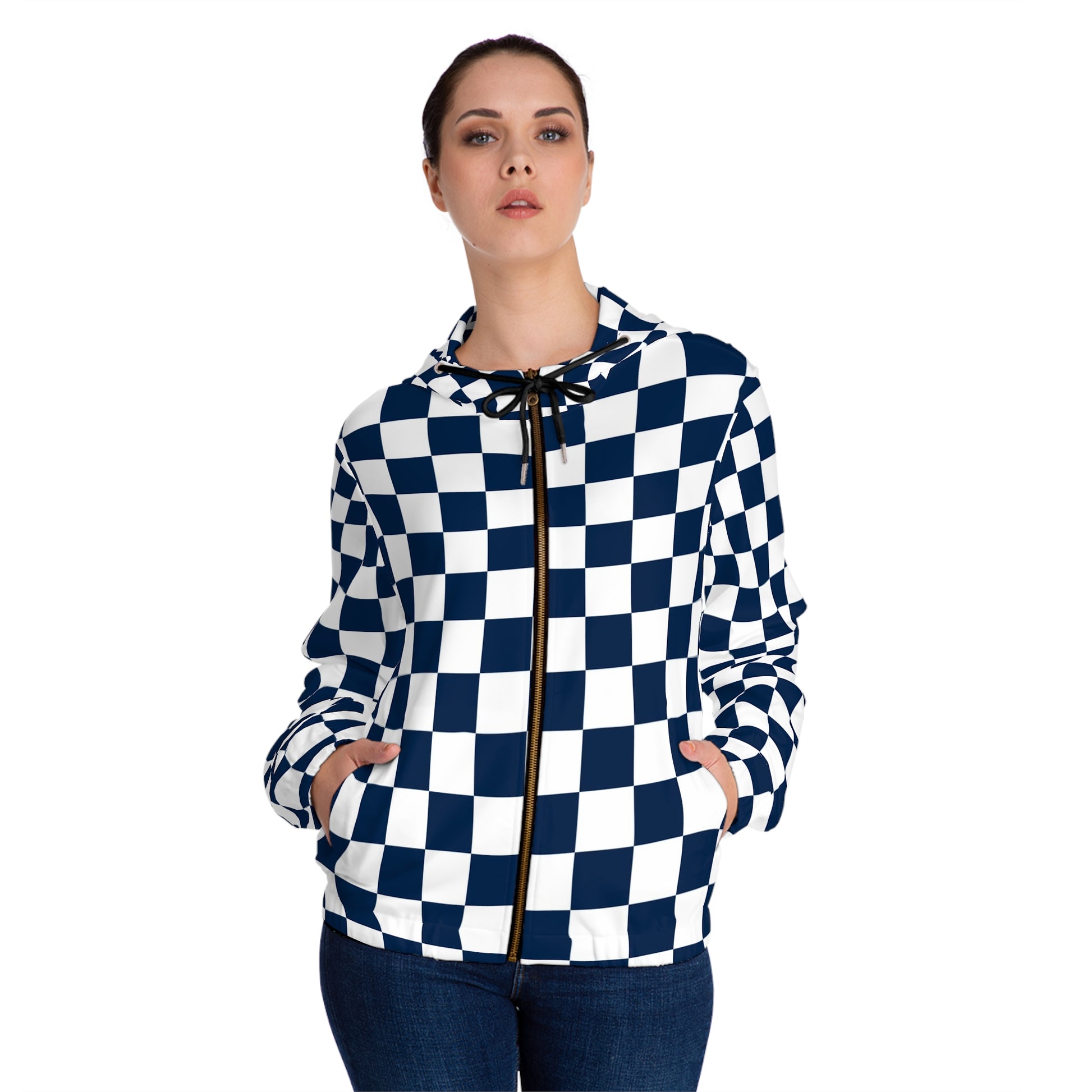 Checkerboard White and Navy Blue Women’s Full-Zip Hoodie (AOP), Artsulli - Art is Long, Life is Short, All Over Prints, , , , , , , 