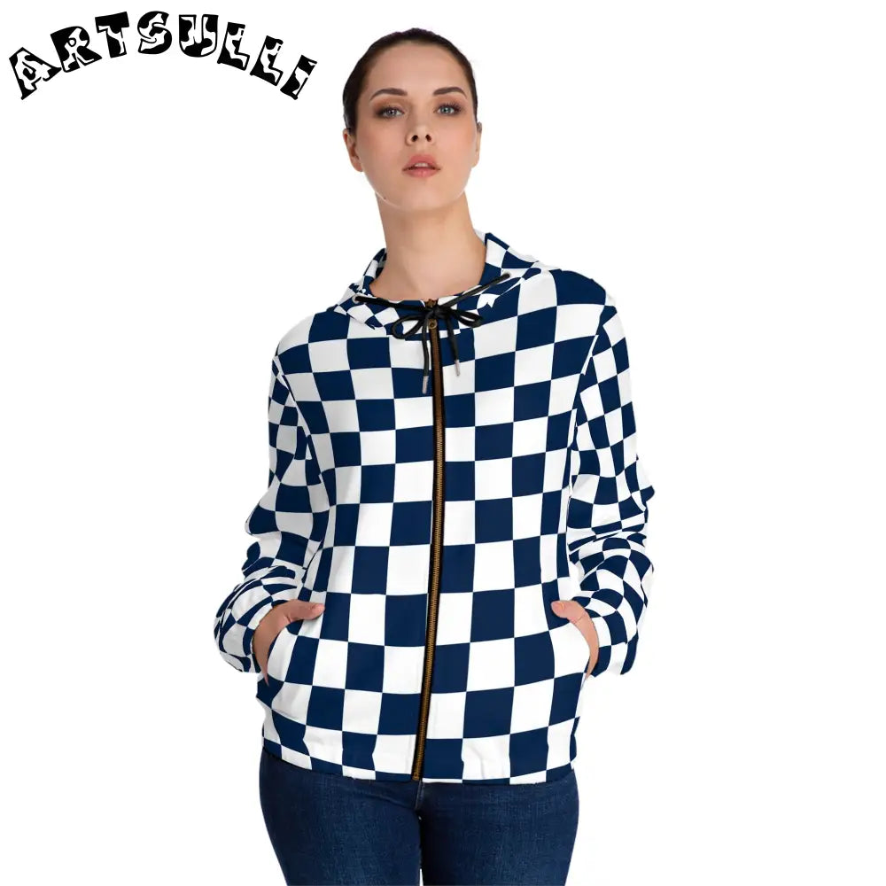 JAKKOUTTHEBXX Checkerboard White and Navy Blue Women’s Full-Zip