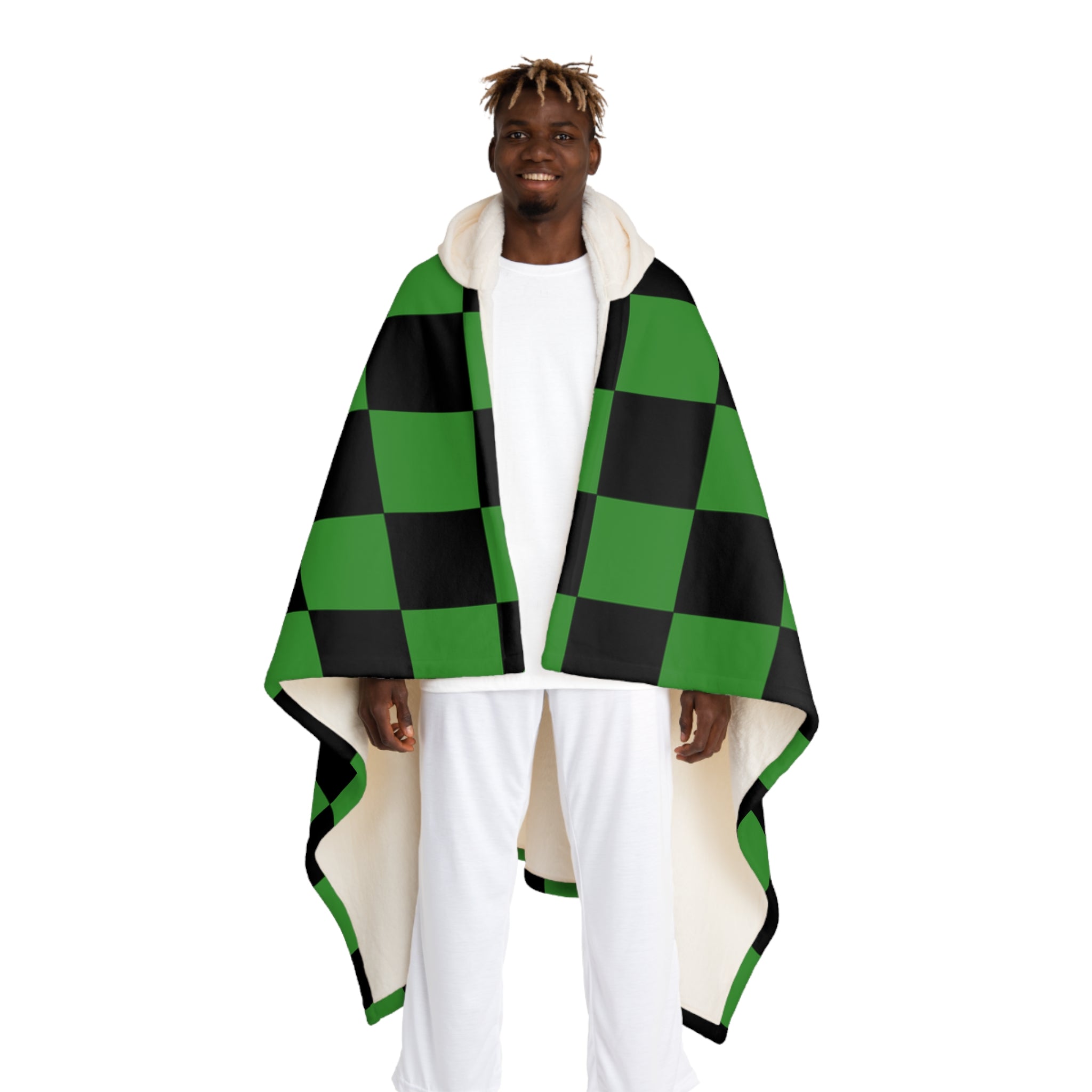 Checkerboard Green and Black Hooded Sherpa Fleece Blanket, Artsulli - Art is Long, Life is Short, All Over Prints, Size, One size, Color, Cream, , , 11927598866598960730
