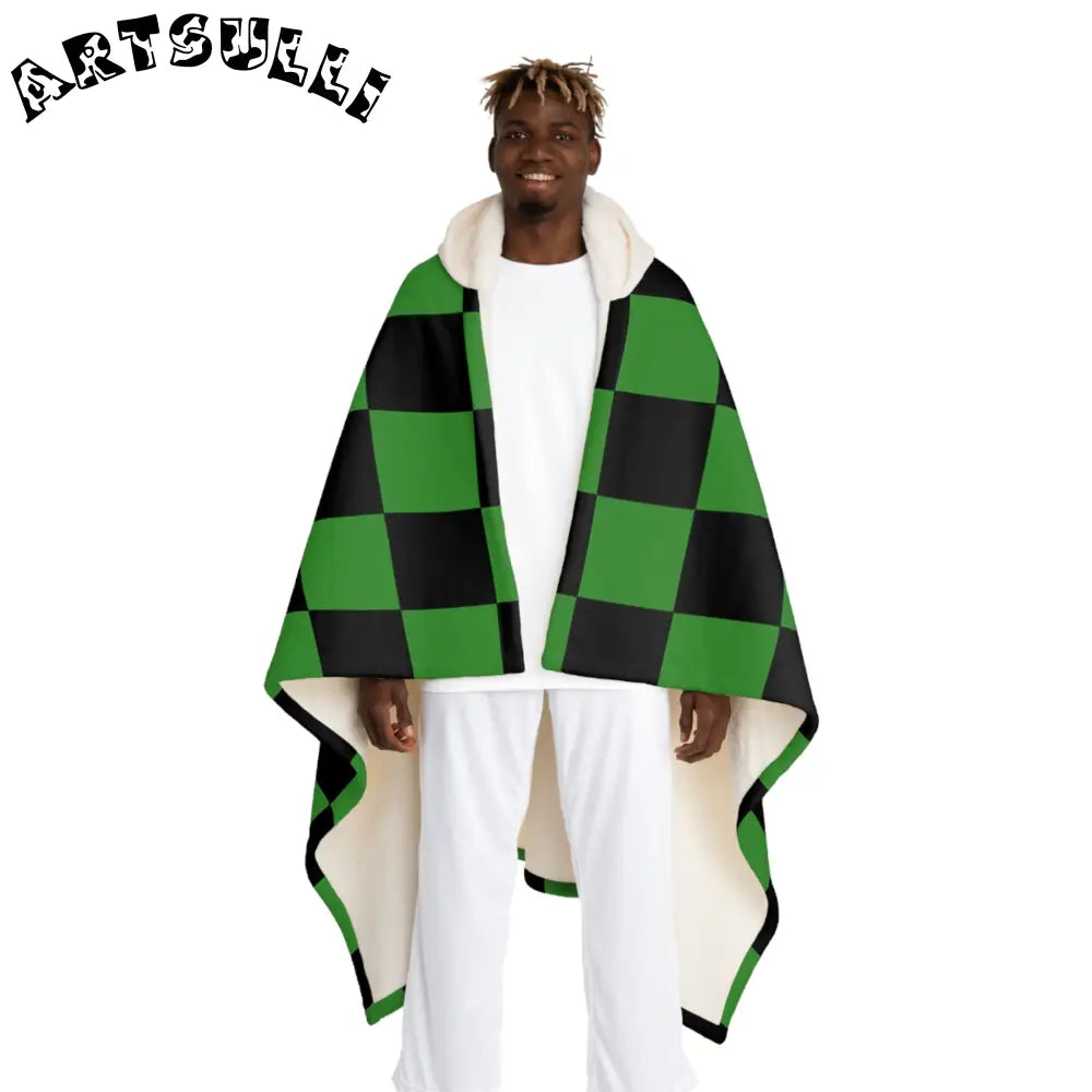 JAKKOUTTHEBXX Checkerboard Green and Black Hooded Sherpa Fleece