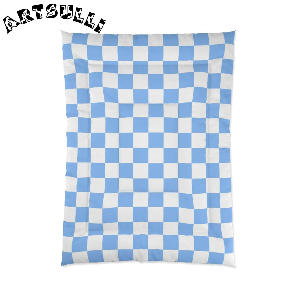 JAKKOUTTHEBXX Checkerboard White and Light Blue Comforter