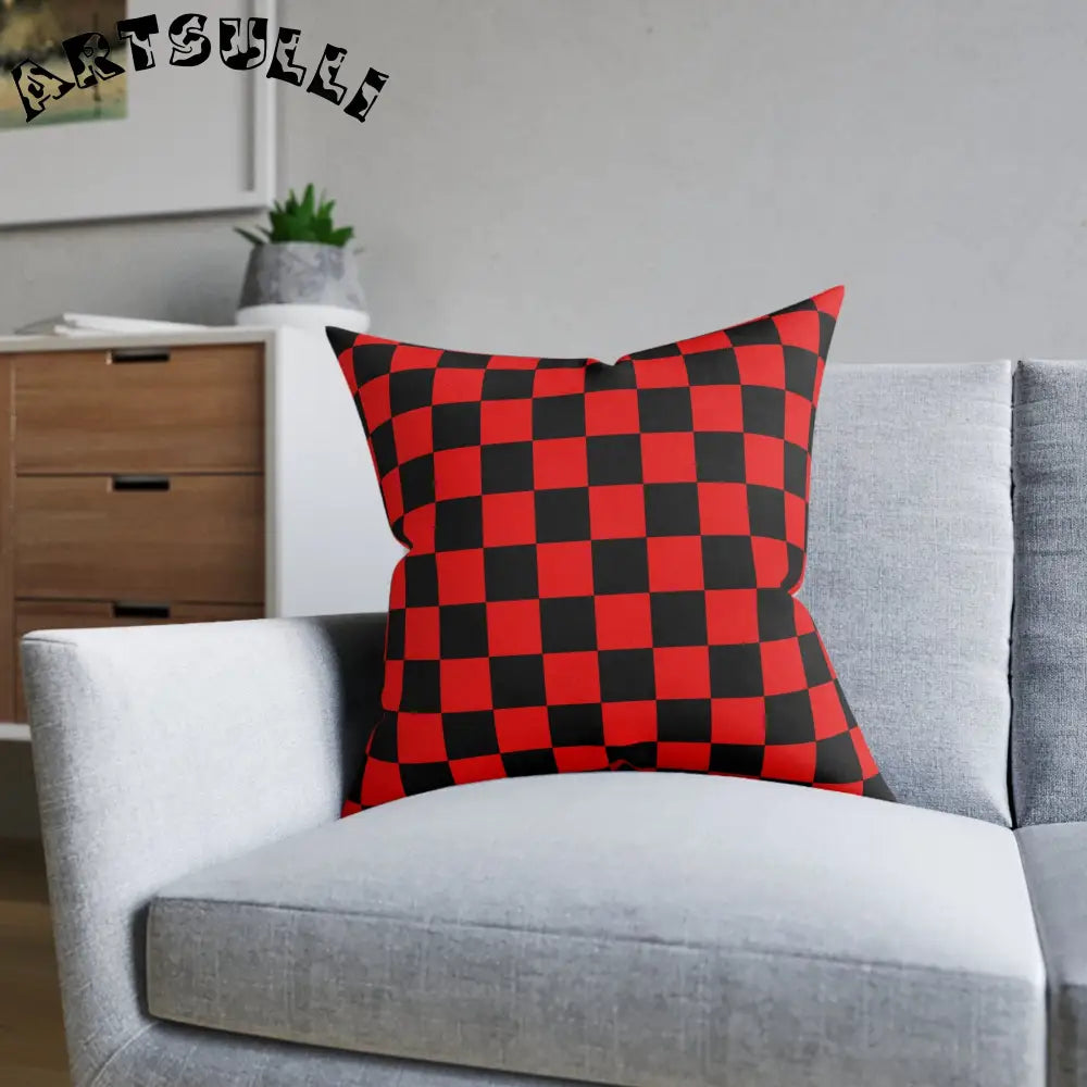 JAKKOUTTHEBXX Checkerboard Red and Black Square Pillow JAKKOUTTHEBXX