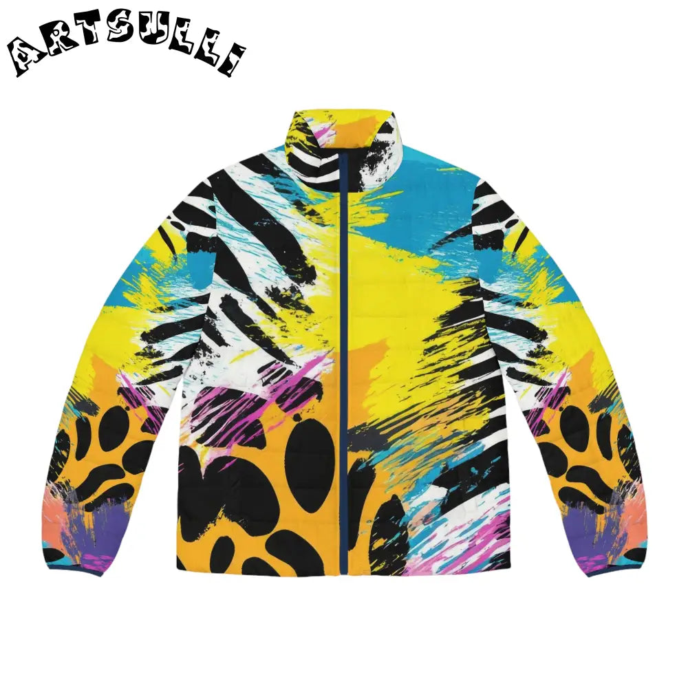 Zebra Stripes x Leopard Print x Paint Splatter Multi-Color Men's Puffer Jacket (AOP), Artsulli - Art is Long, Life is Short, All Over Prints, Size, S, Color, Dark blue zipper, , , 19688986012262549318